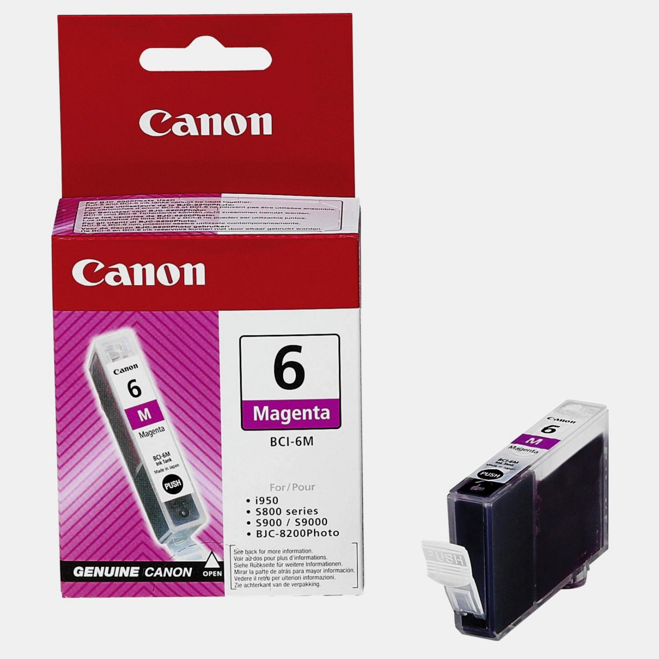 Une boîte et une cartouche d'encre Canon. La boîte et la cartouche sont magenta.