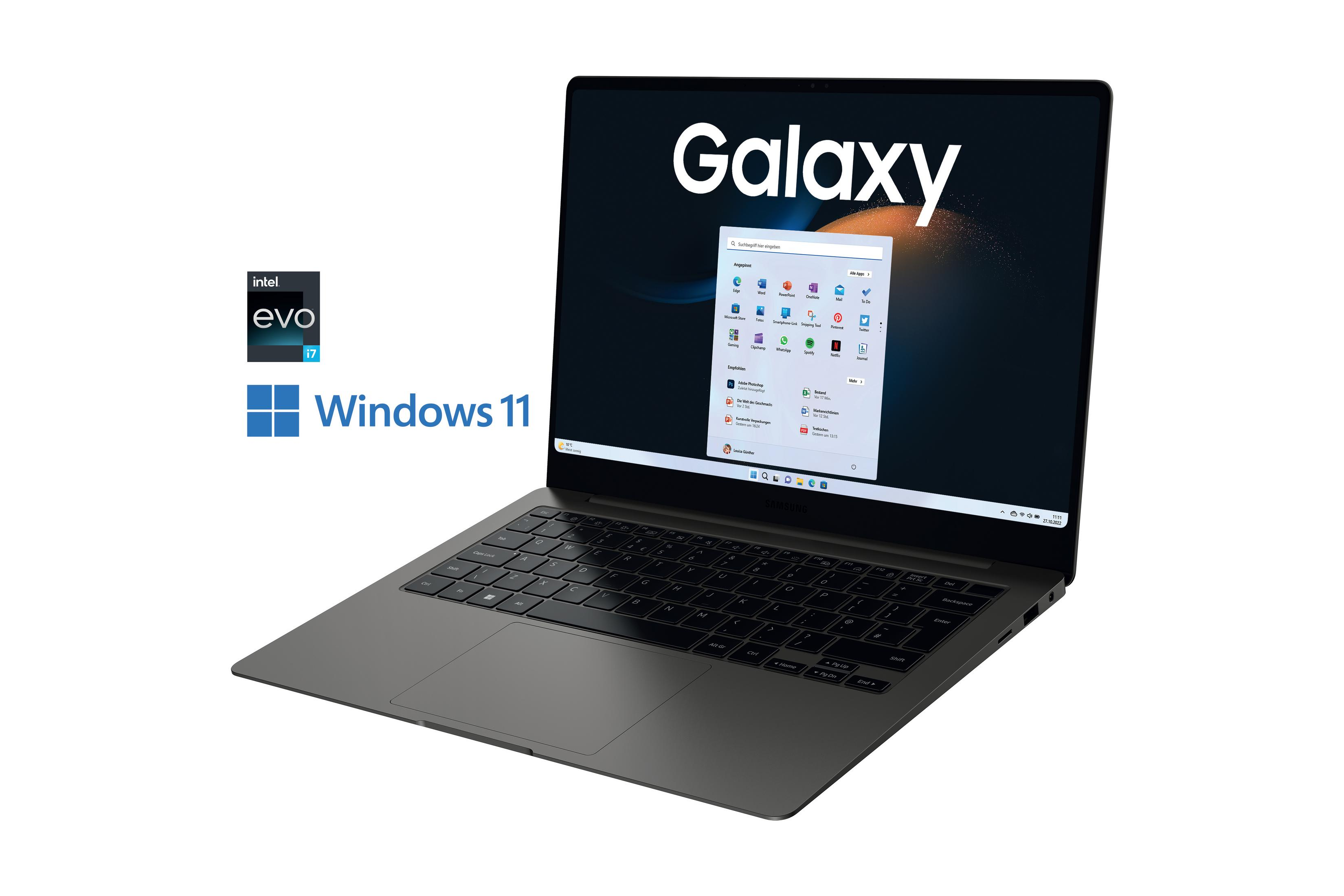 Ein Laptop mit Galaxy-Logo auf dem Bildschirm, Windows 11-Logo, auf weißem Hintergrund.
