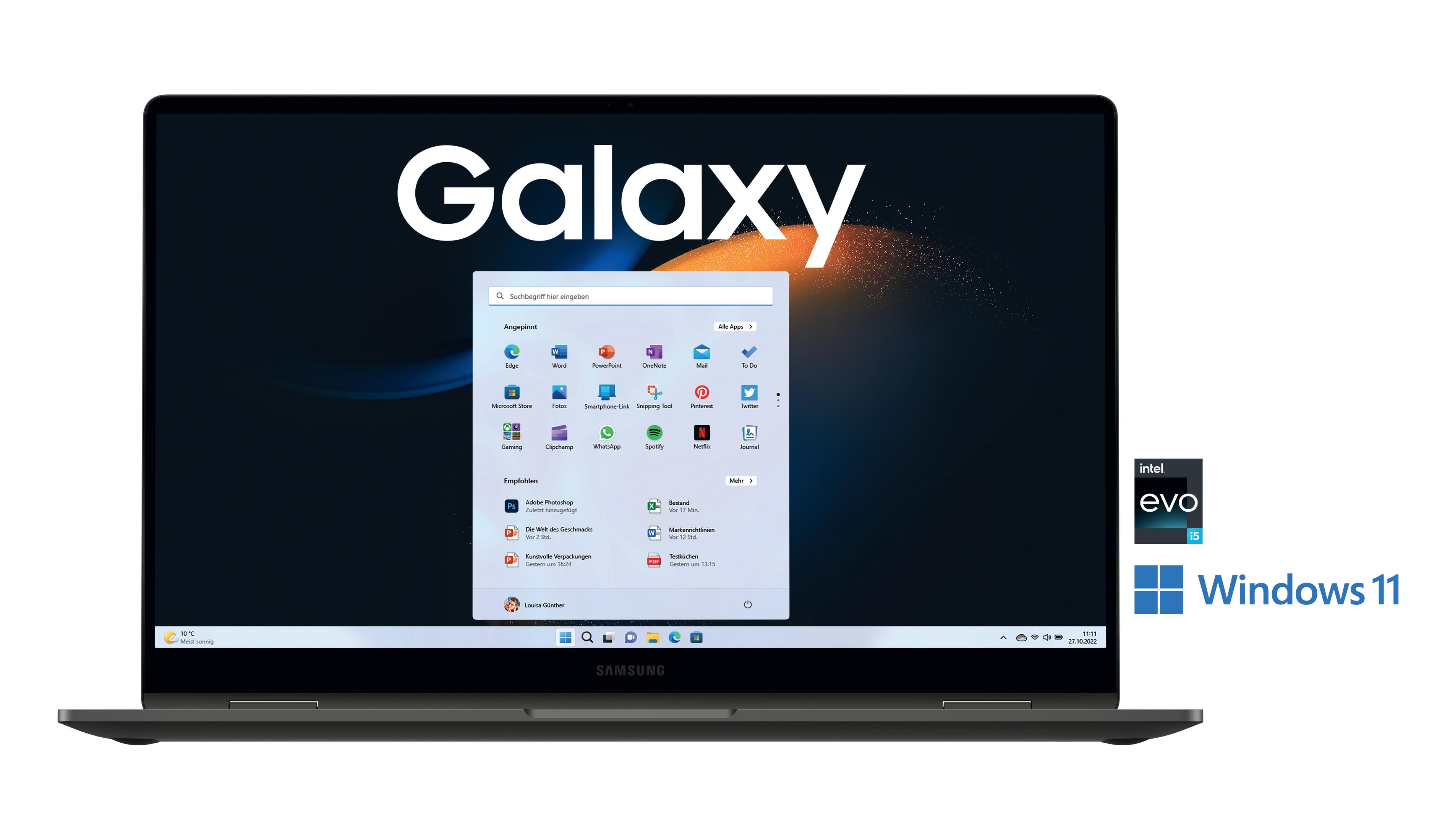 Laptop mit Windows 11 und Samsung Galaxy Logo. Der Bildschirm zeigt ein Menü von Apps. Isoliert.