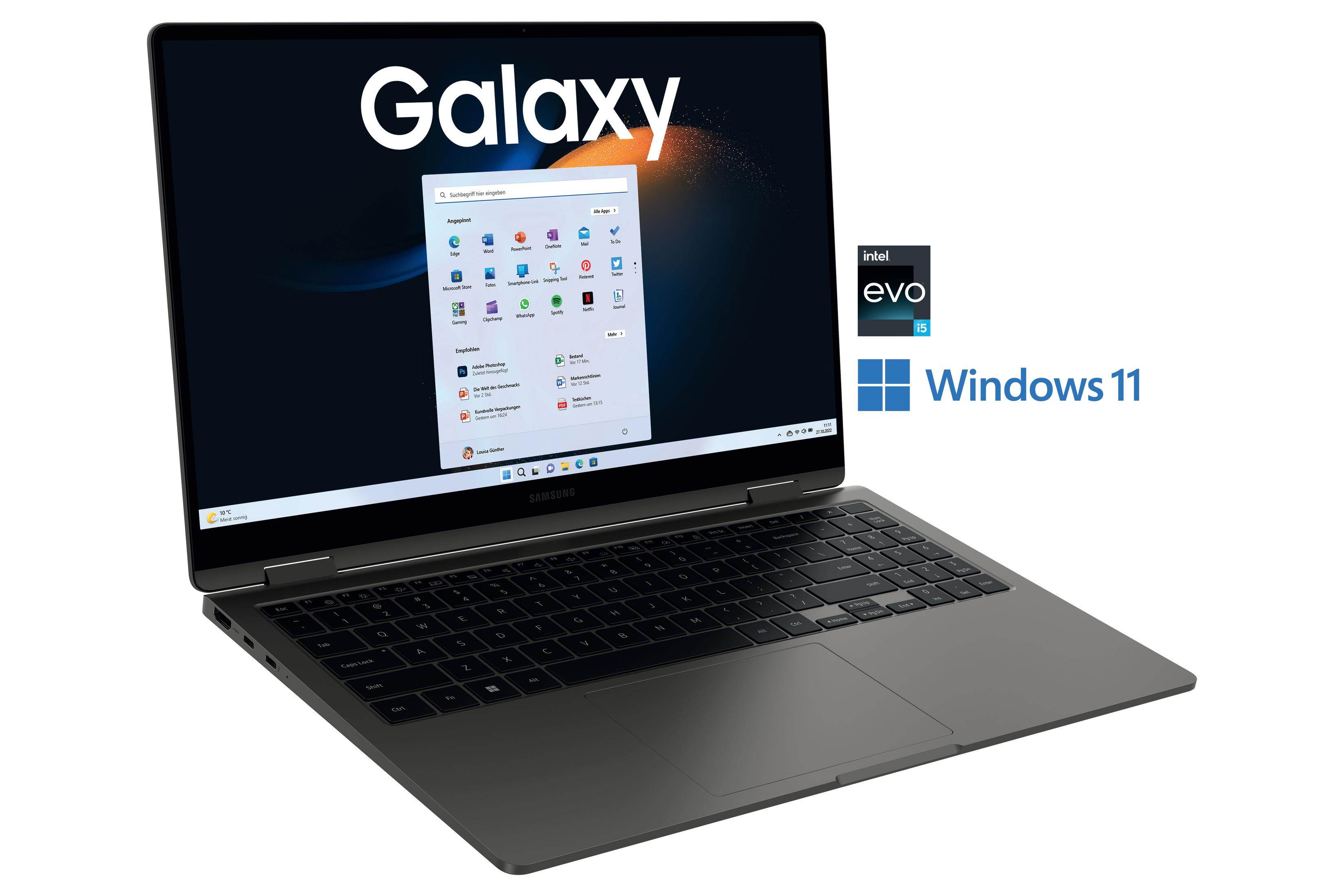 Laptop mit Windows 11 auf dem Bildschirm, Samsung Galaxy Logo, Intel Evo Badge.