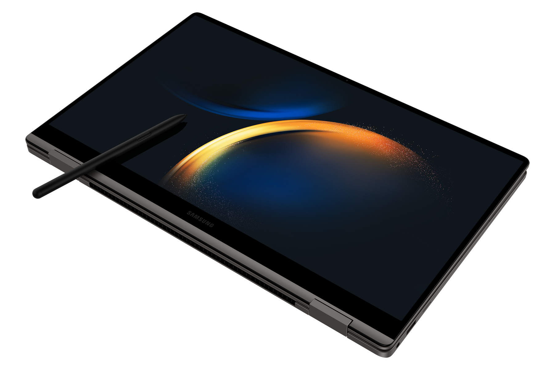 Schwarzer Laptop mit Stift. Der Bildschirm zeigt ein blaues und orangefarbenes abstraktes Design.