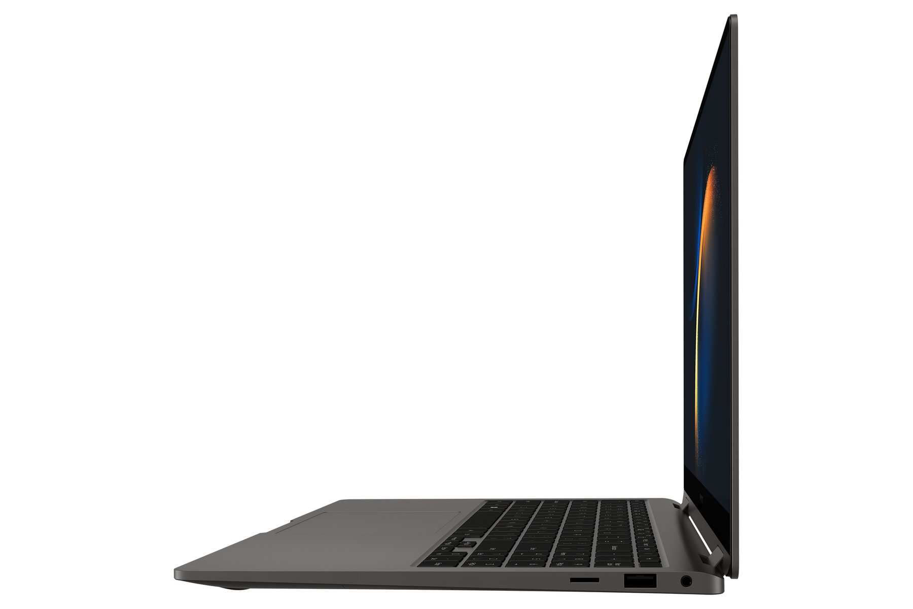 Seitenansicht eines grauen Laptops auf weißem Hintergrund. Der Bildschirm ist eingeschaltet und zeigt ein helles Muster.