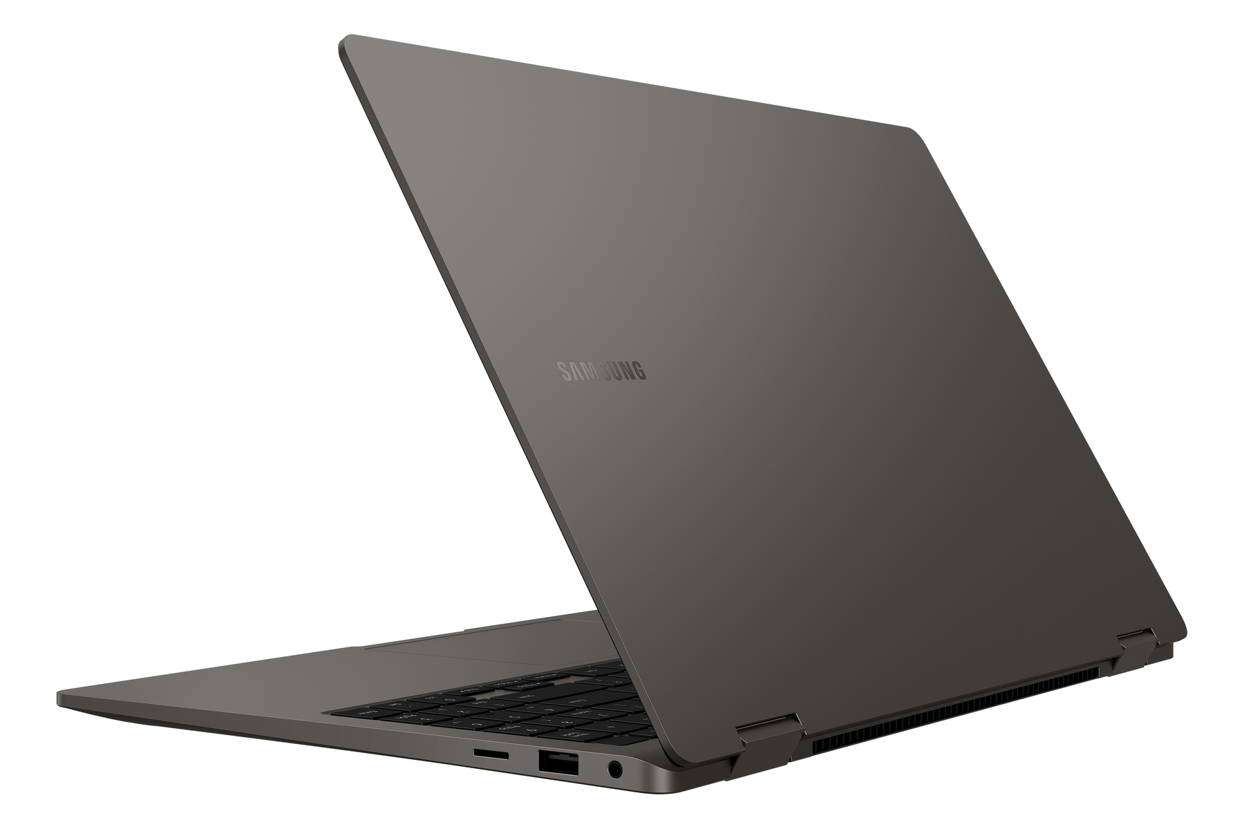 Dunkelgrauer Laptop, Rückseite nach oben, Bildschirm angewinkelt geöffnet. Samsung-Logo.