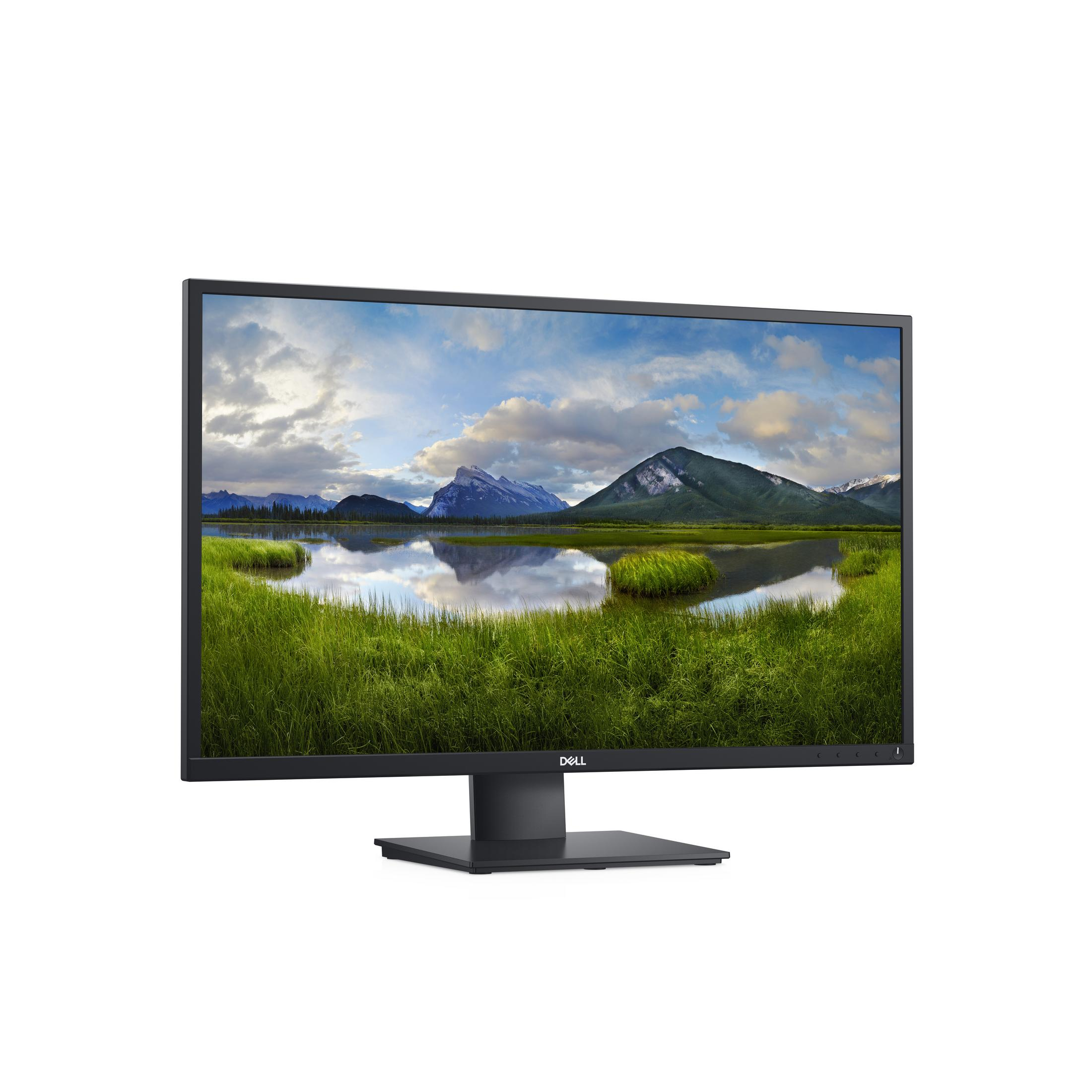 Monitor Dell negro mostrando un paisaje escénico con montañas, agua y hierba verde.