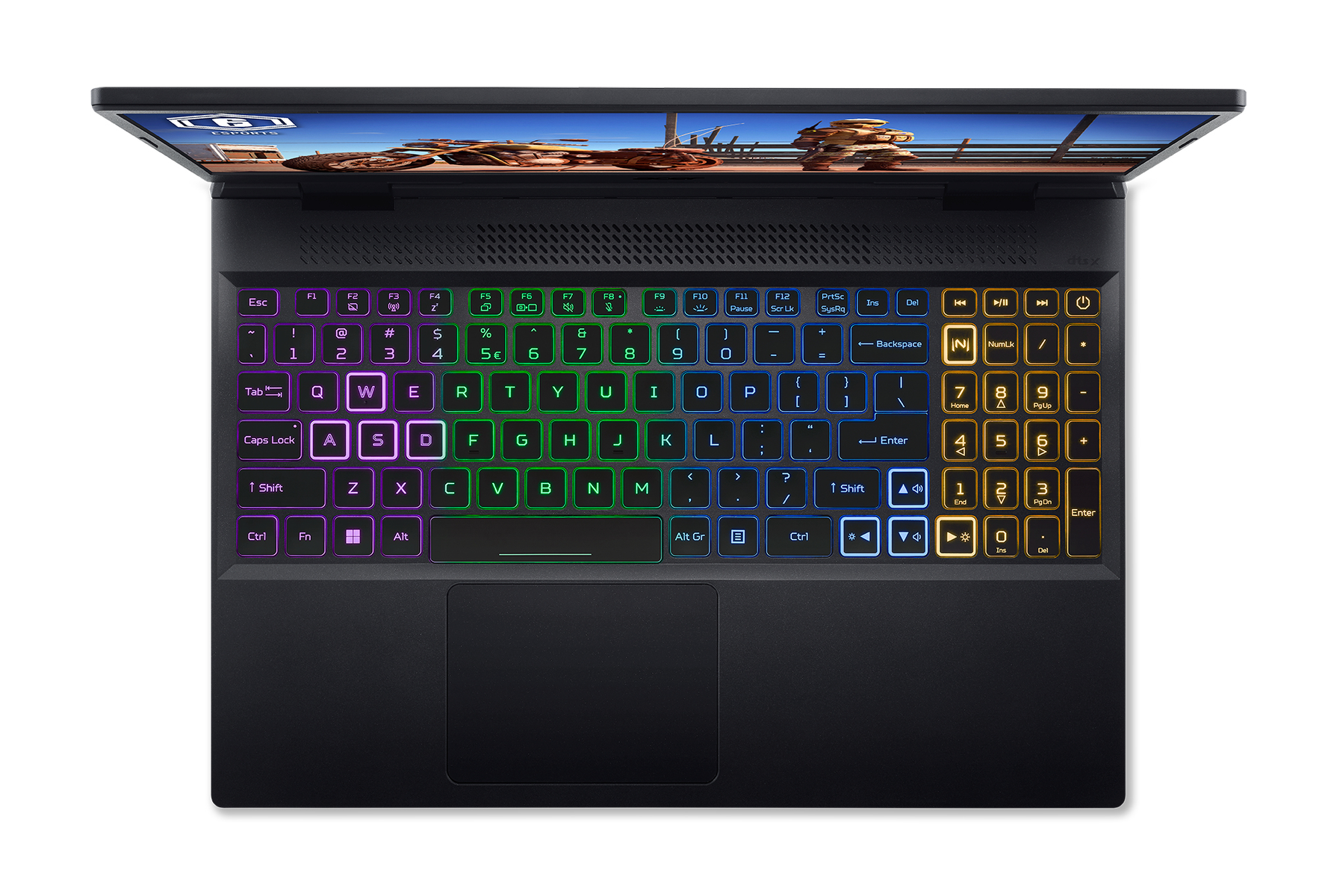 Laptop-Tastatur mit bunten Lichtern, schwarzer Körper, Draufsicht.