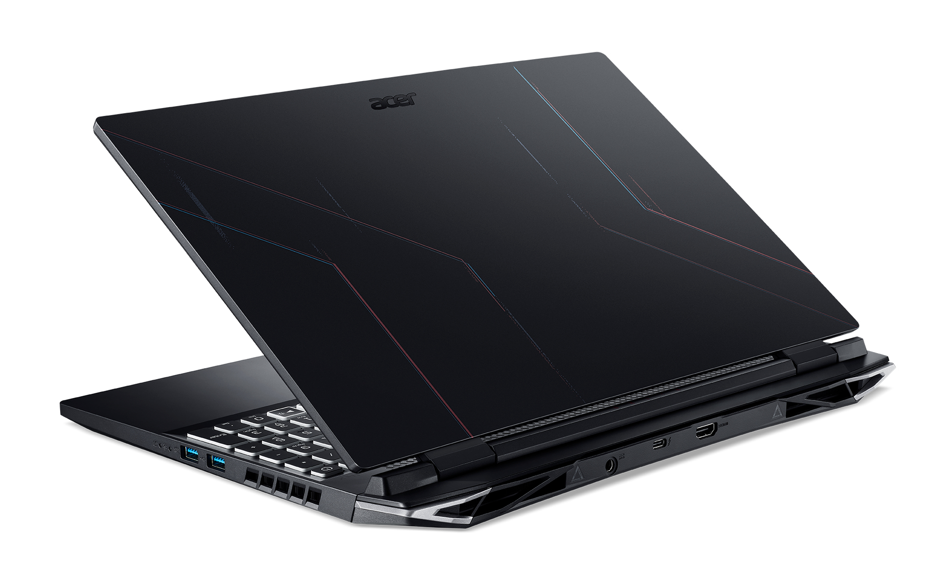 Schwarzer Laptop mit schlankem Design, geöffnet, um die Tastatur und einen Teil des Bildschirms anzuzeigen.