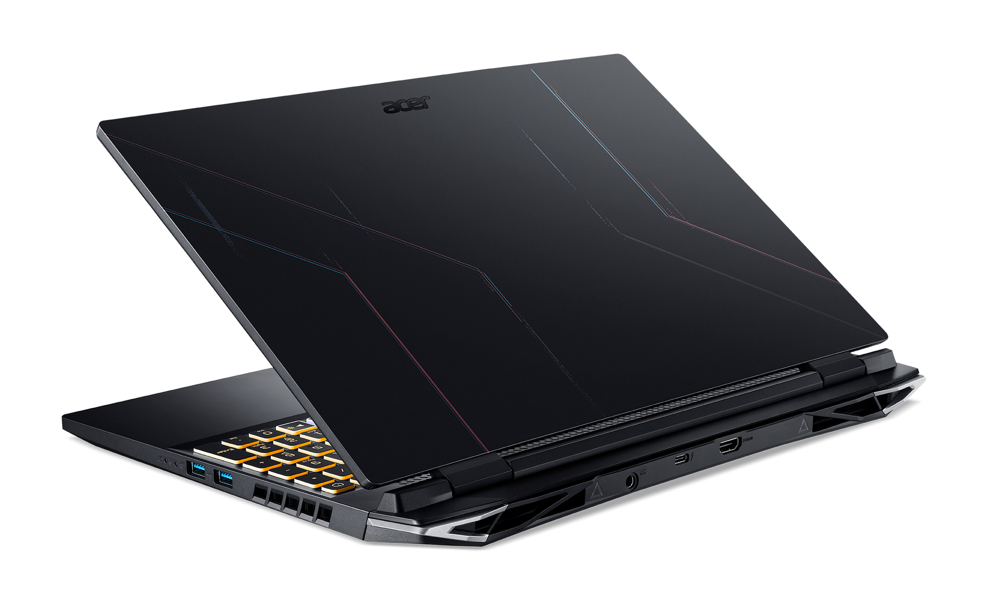Schwarzer Laptop mit Design auf dem Deckel, geöffnet, um die Tastatur zu zeigen, auf weißem Hintergrund.