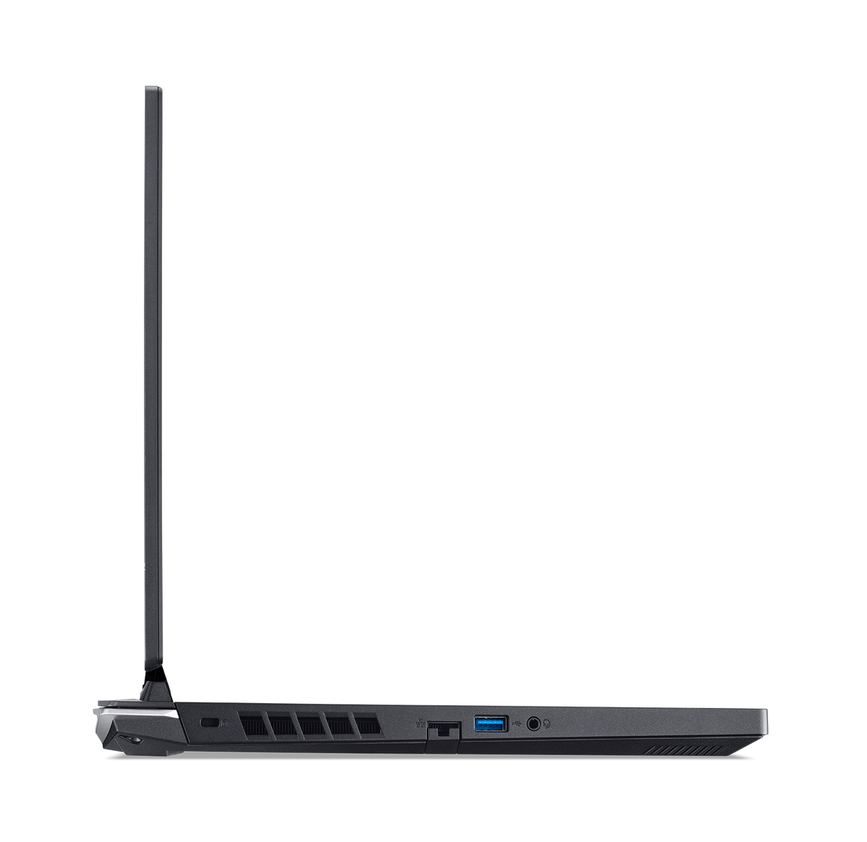 Seitenansicht eines schwarzen Laptops mit Anschlüssen und Bildschirm.