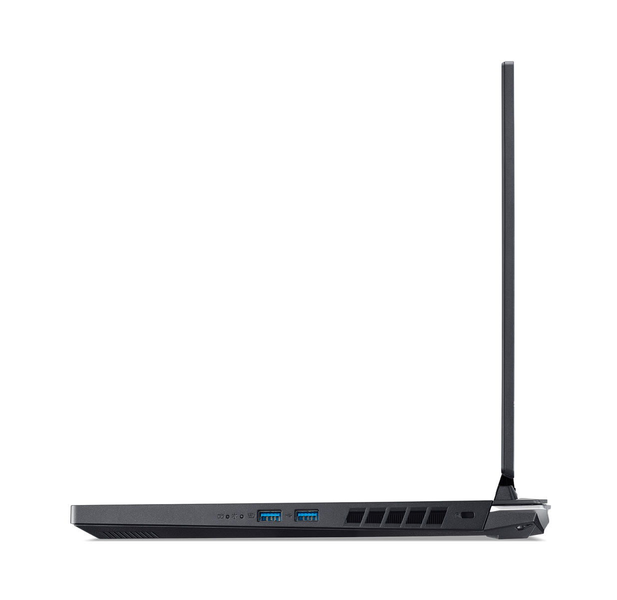 Seitenansicht eines Laptops mit schwarzem Gehäuse, isoliert auf weißem Hintergrund.