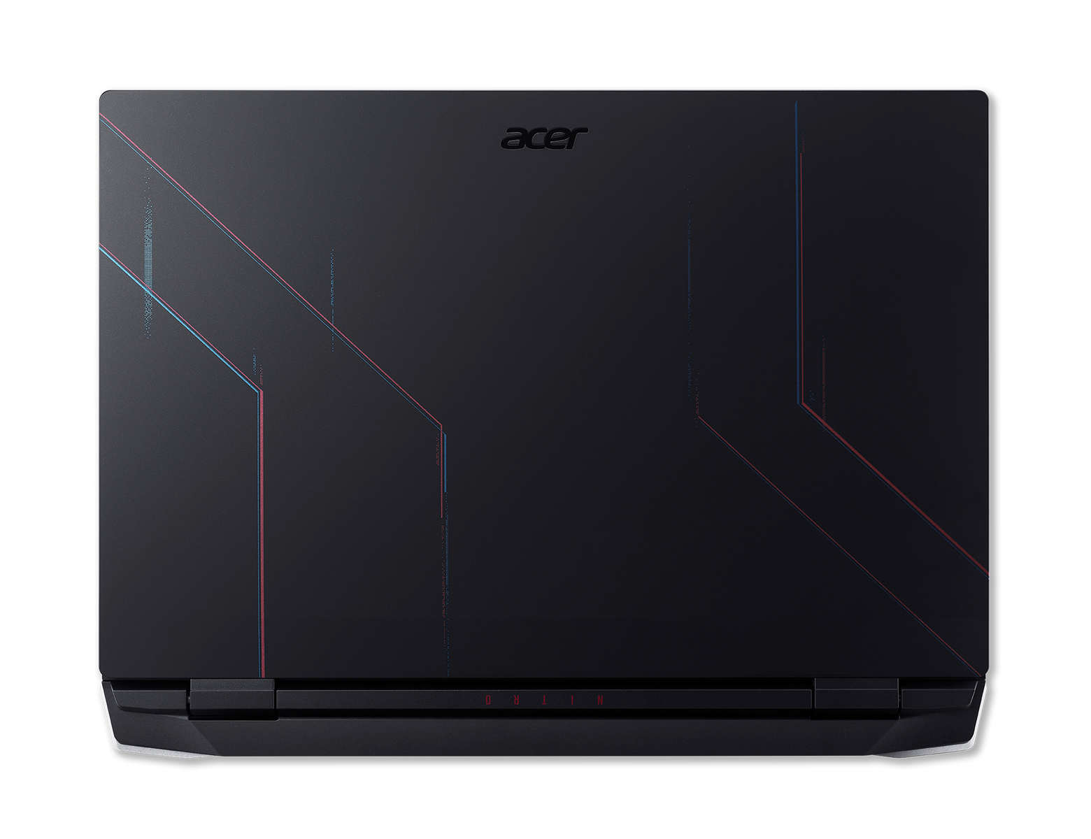 Laptop, schwarz mit roten und blauen Akzenten auf dem Deckel. Marke Acer sichtbar.