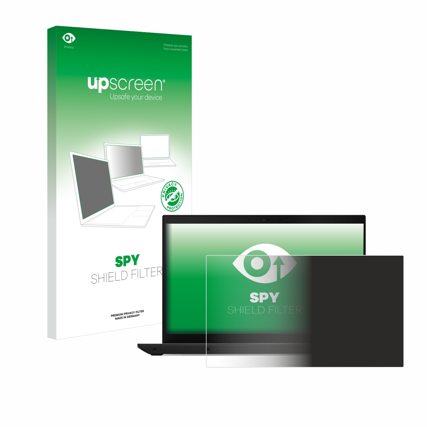 Laptop mit Displayschutz. Die Box sagt 'Upsafe your device'. Der Protektor ist schwarz.