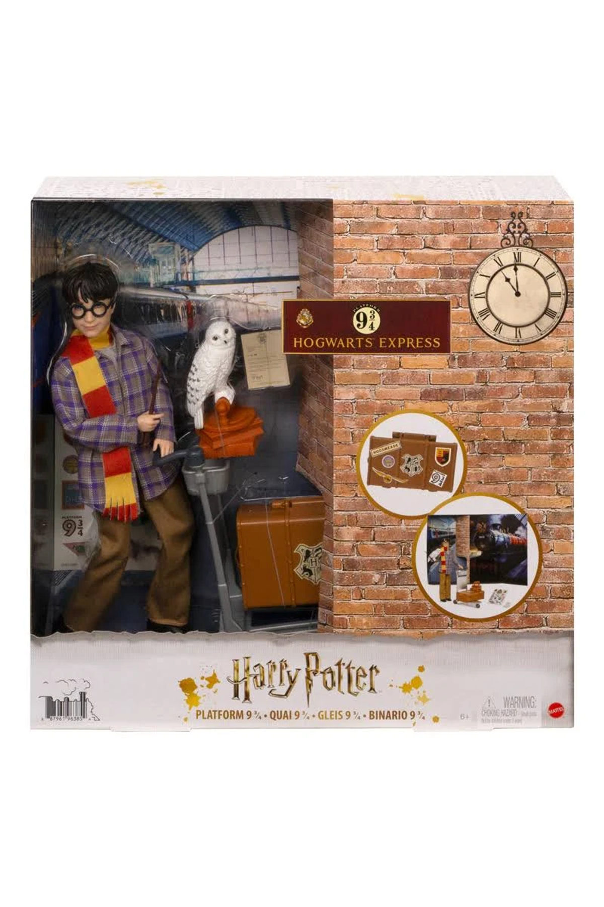 Zestaw lalek Harry'ego Pottera w pudełku z motywem Hogwart Express.