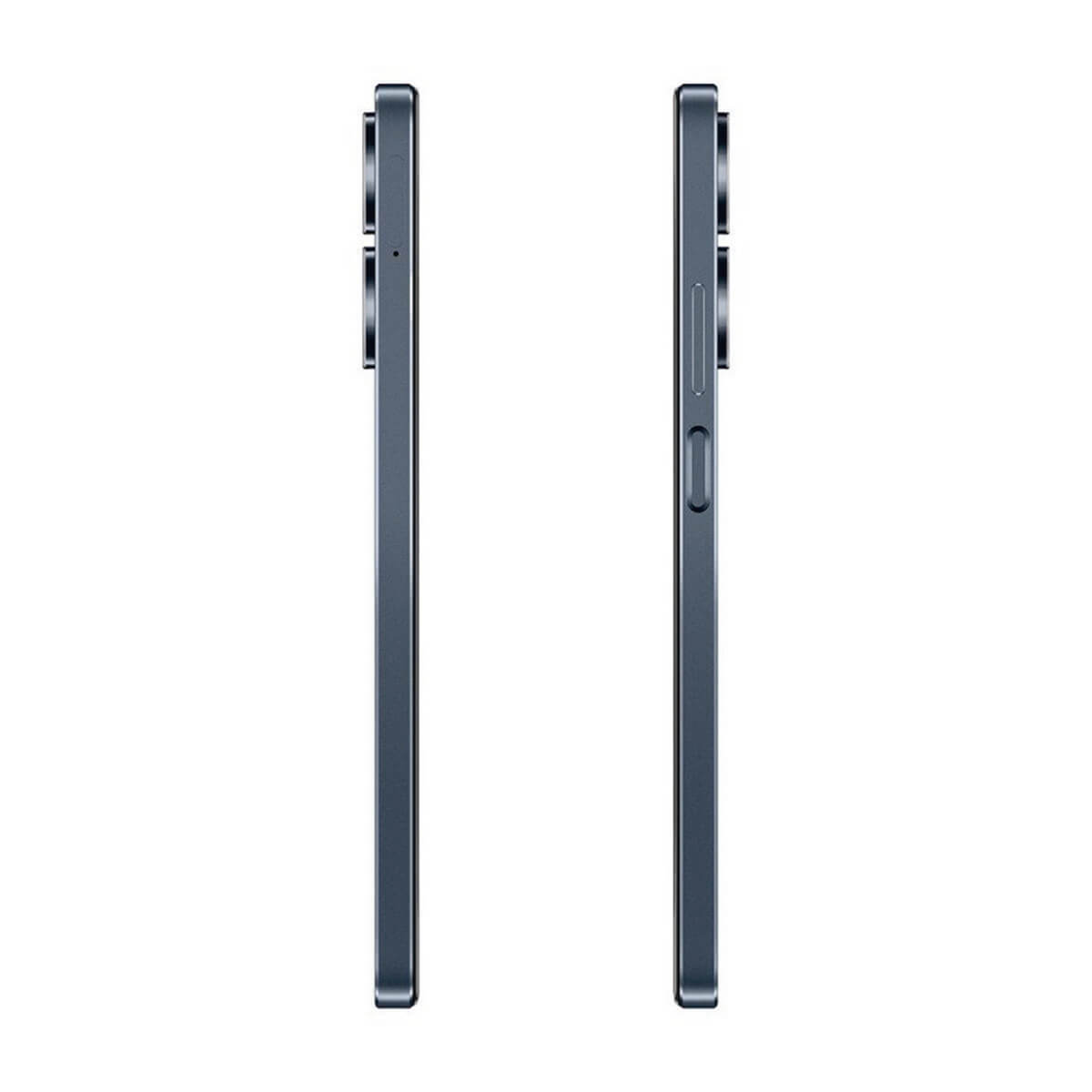 Dwa telefony obok siebie, pokazujące swoje boki. Są granatowe.