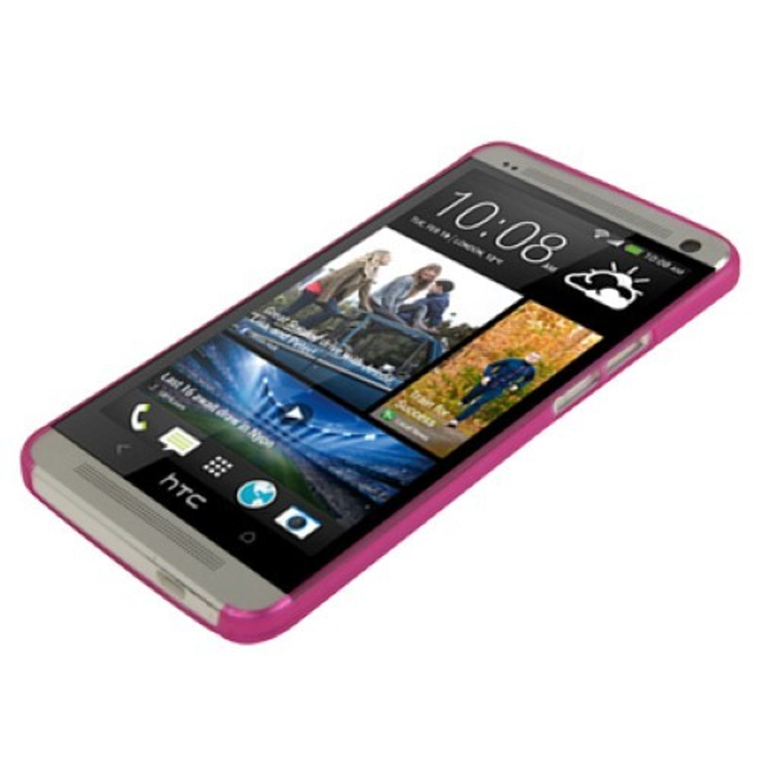 Ein pinkfarbenes HTC-Smartphone zeigt einen Newsfeed und die Uhrzeit: 10:08 Uhr.