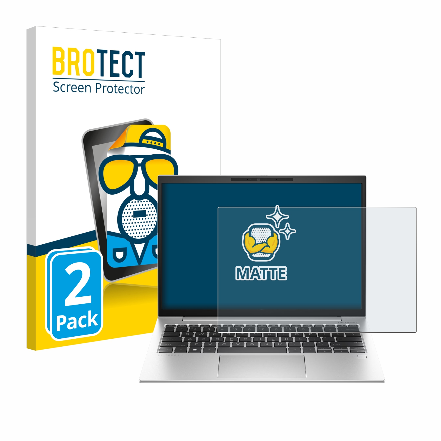 Laptop mit Bildschirmschutzbox. Die Box hat eine Cartoonfigur mit Brille und Laptop.