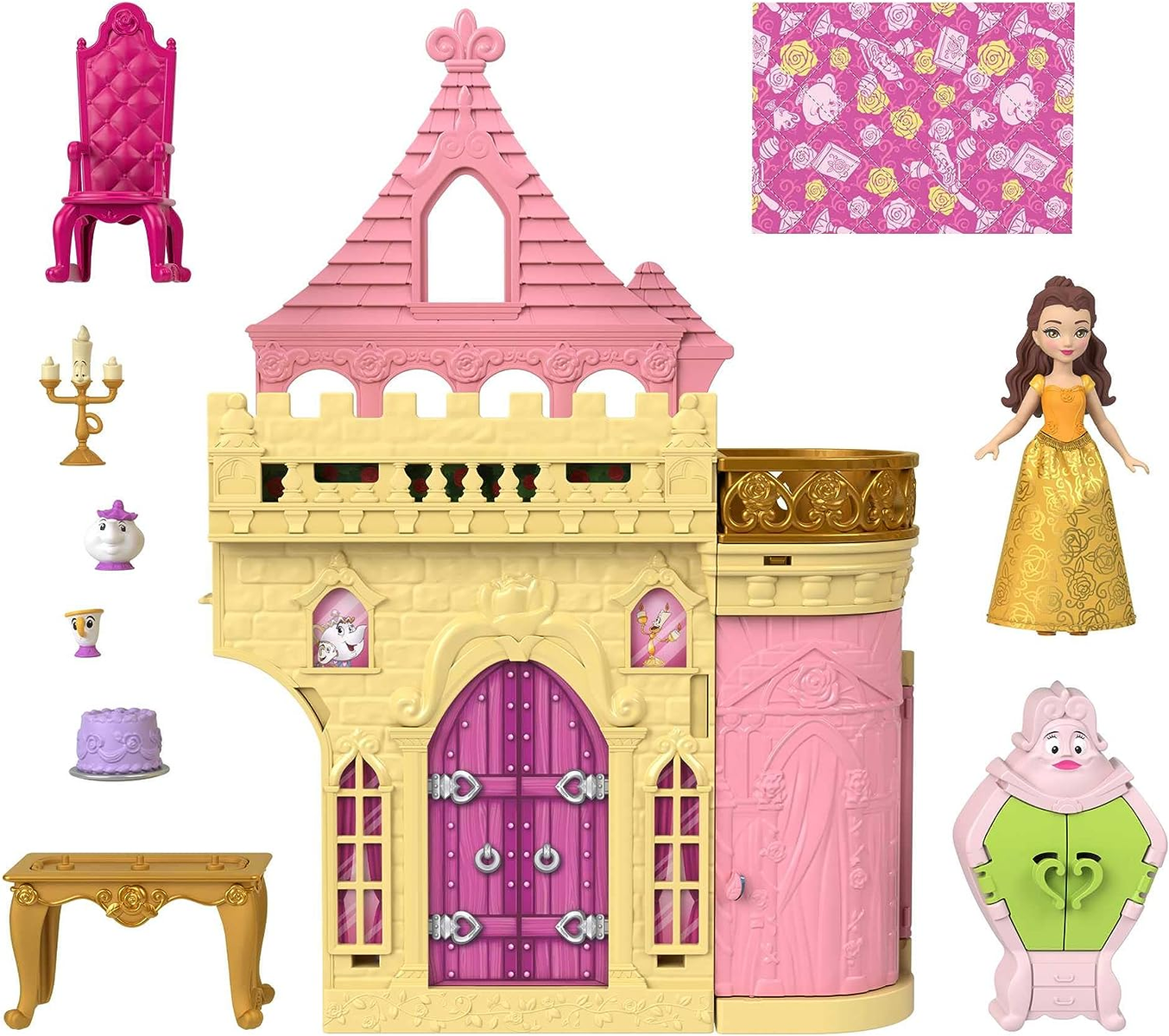 Ein Kinderspielzeug-Schloss-Set mit einer Puppe, Möbeln und anderem Zubehör.