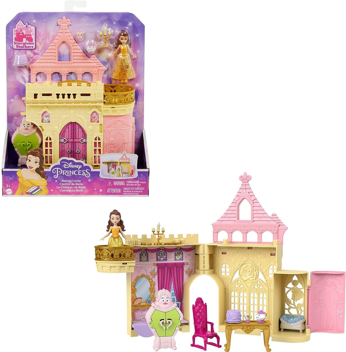 Ein Spielzeugschloss mit Disney Prinzessinnen und Verpackung. Es ist rosa und gelb.