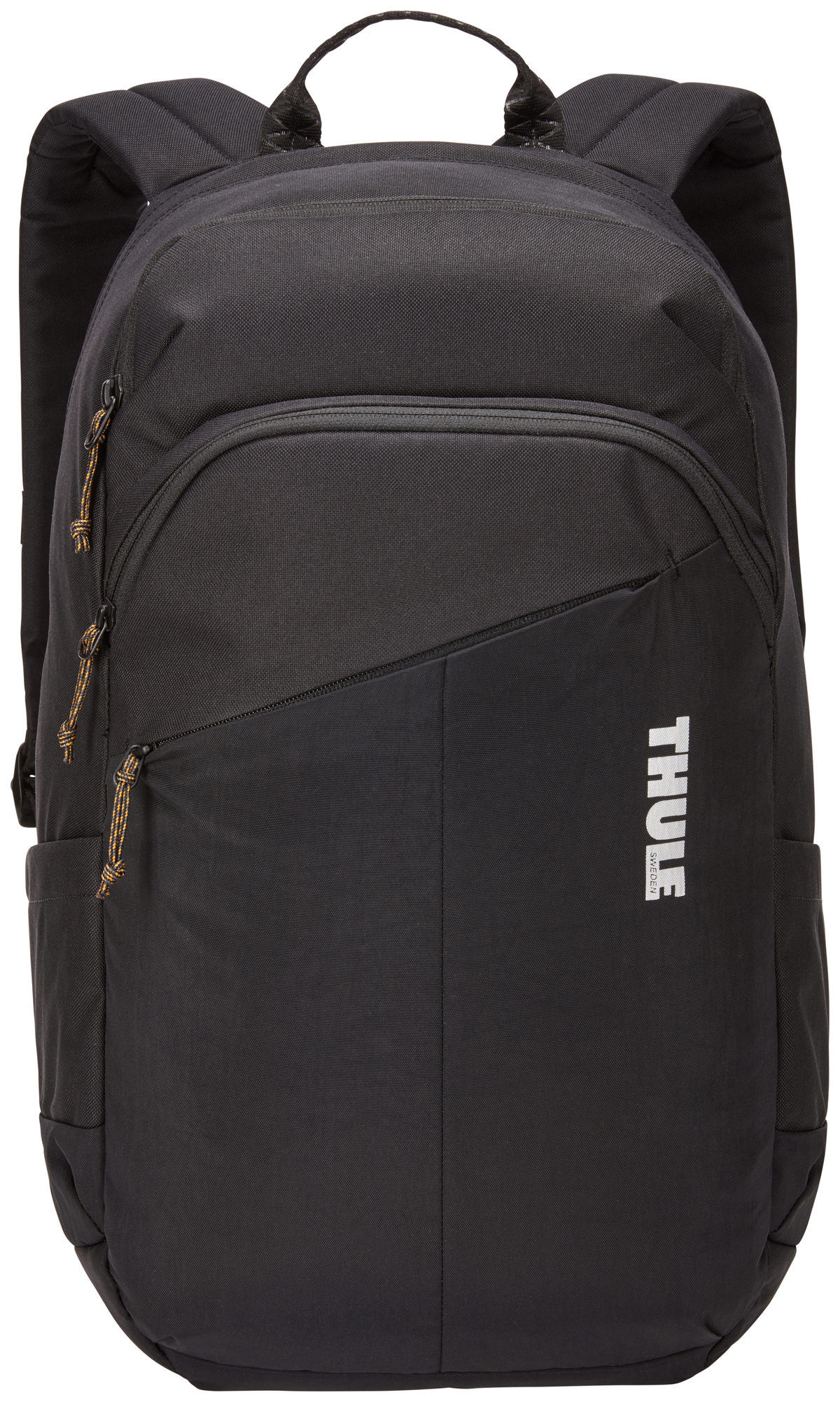 Schwarzer Thule-Rucksack. Er hat Reißverschlüsse, Schultergurte und 'THULE' Text.