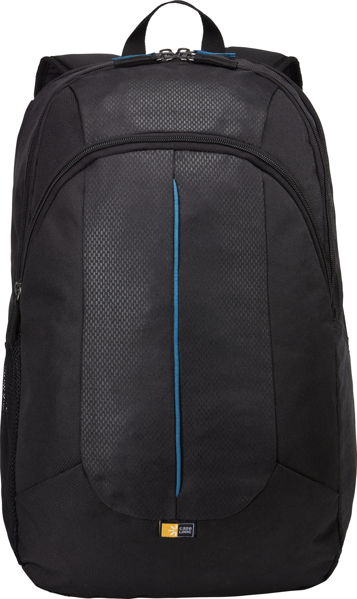 Schwarzer Rucksack mit blauem Streifen. Der Markenname ist Case Logic.