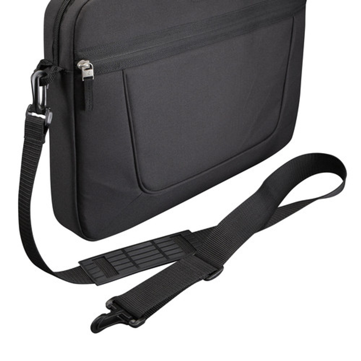 Borsa messenger nera con tracolla, chiusura in metallo e cerniera.