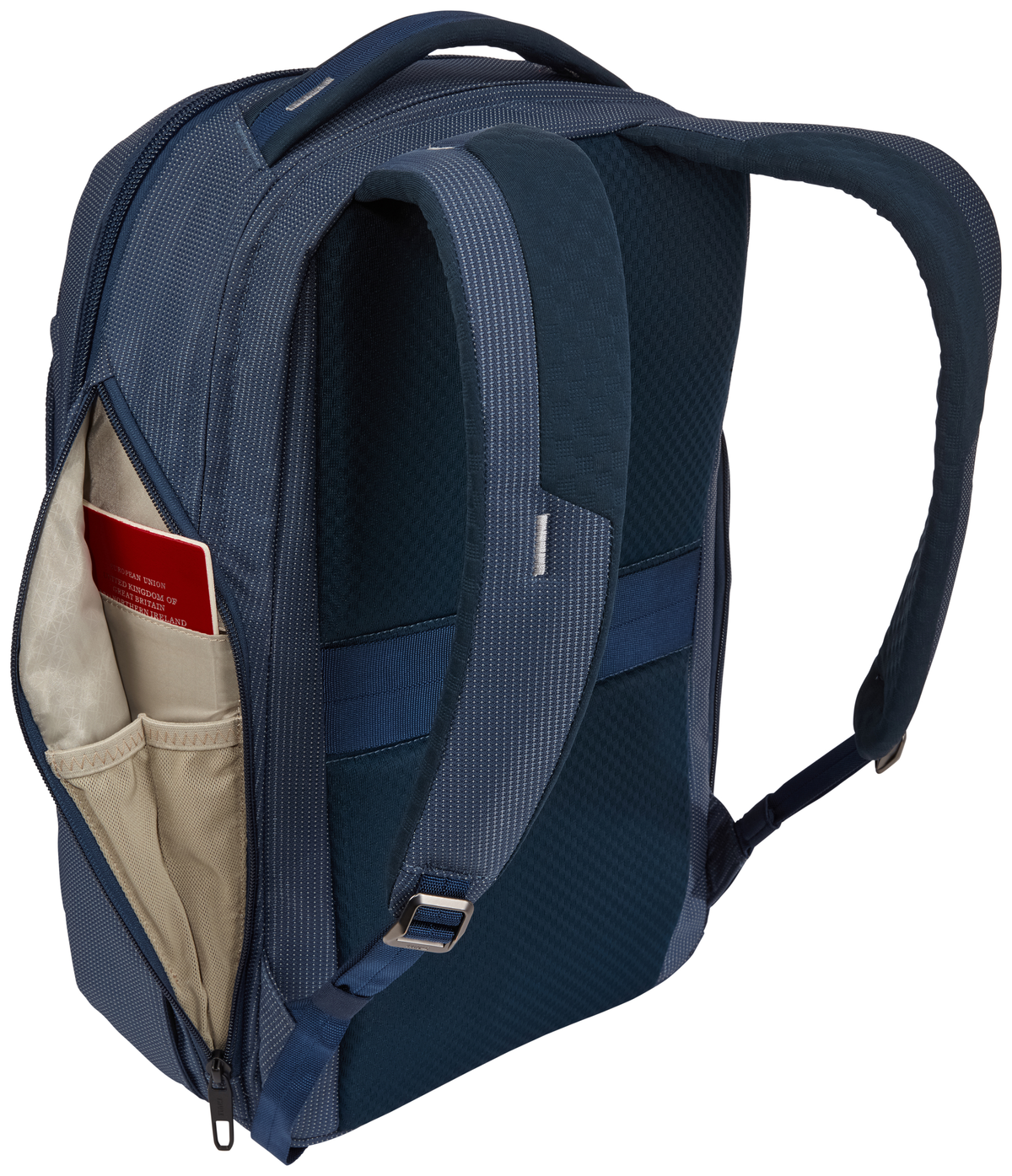 Rucksack mit blauem Design, mit einer Tasche, die einen Reisepass enthält, Seitenansicht.