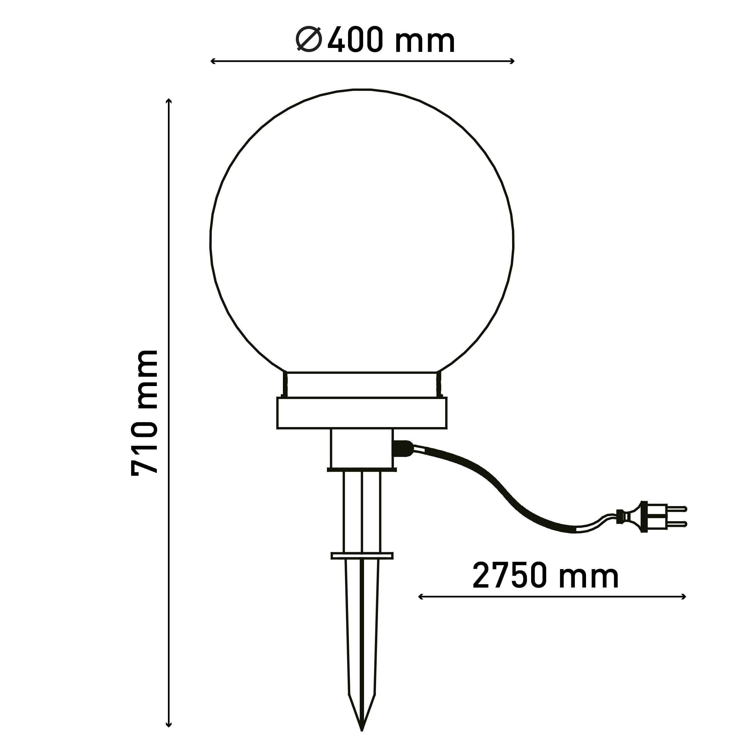 Ein Diagramm einer runden Außenlampe. Es ist 710 mm hoch und 400 mm breit.