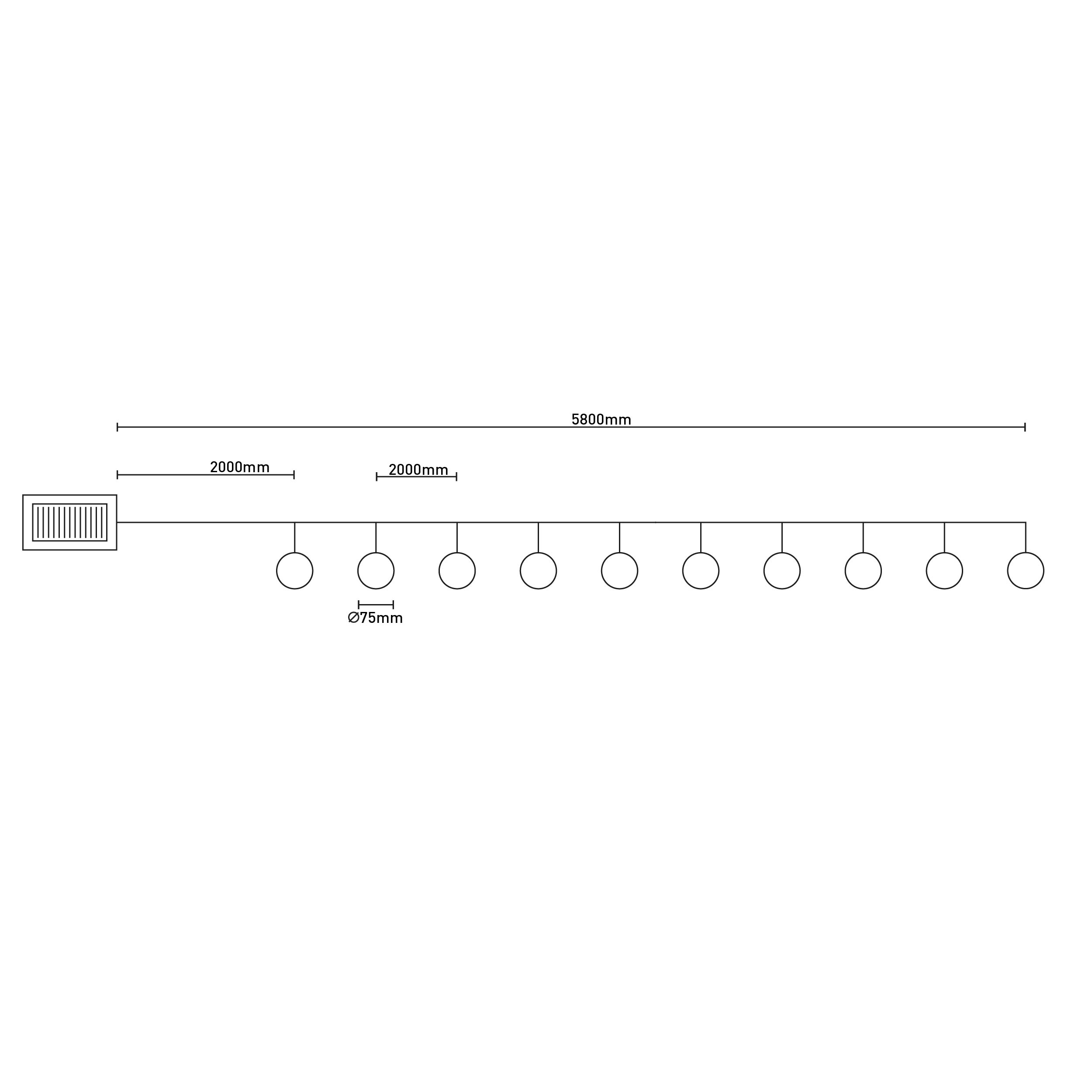 Diagramm eines linearen Beleuchtungssystems mit Lichtern und Messungen.