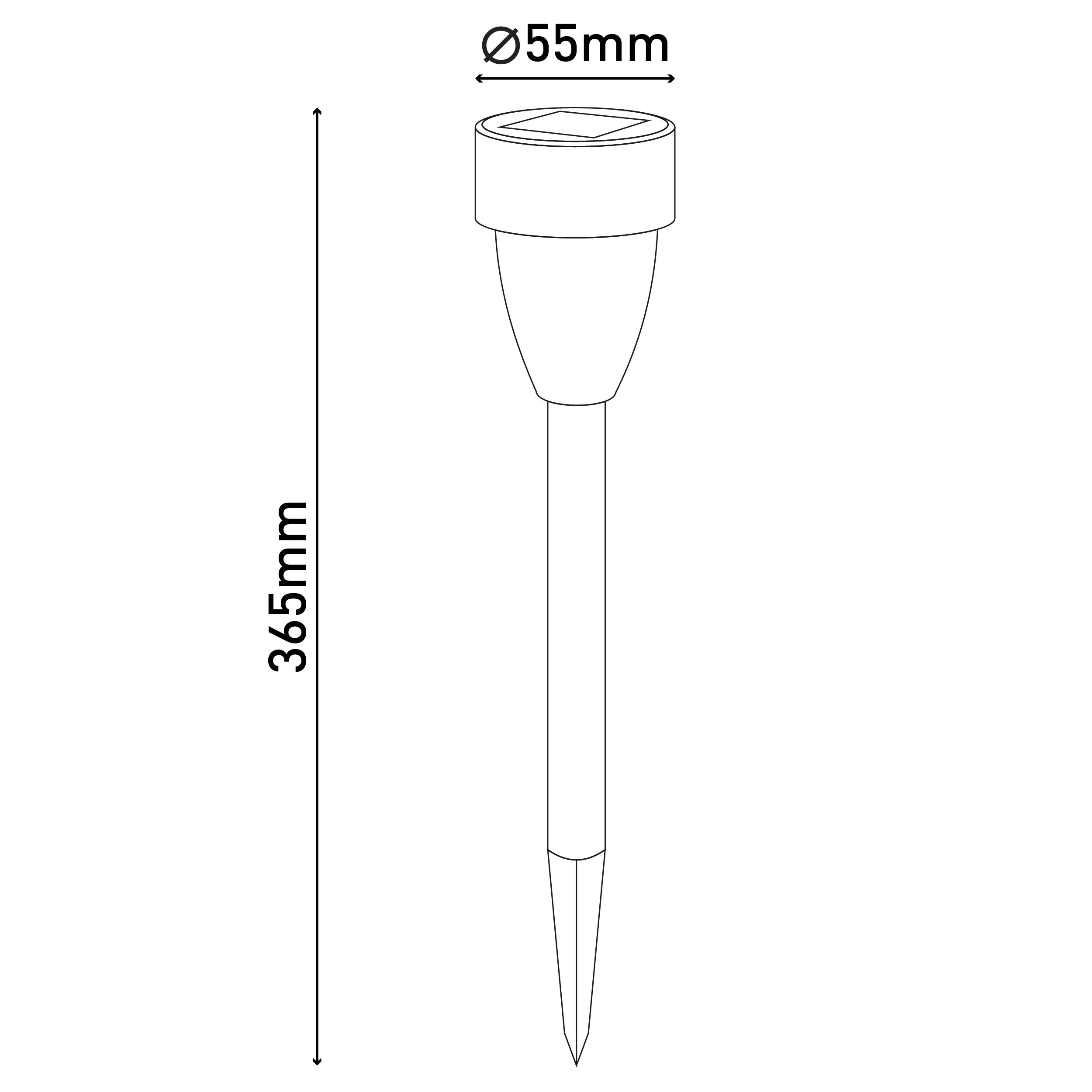 Strichzeichnung einer Solar-Gartenleuchte mit den Maßen Ø55mm und 365mm.