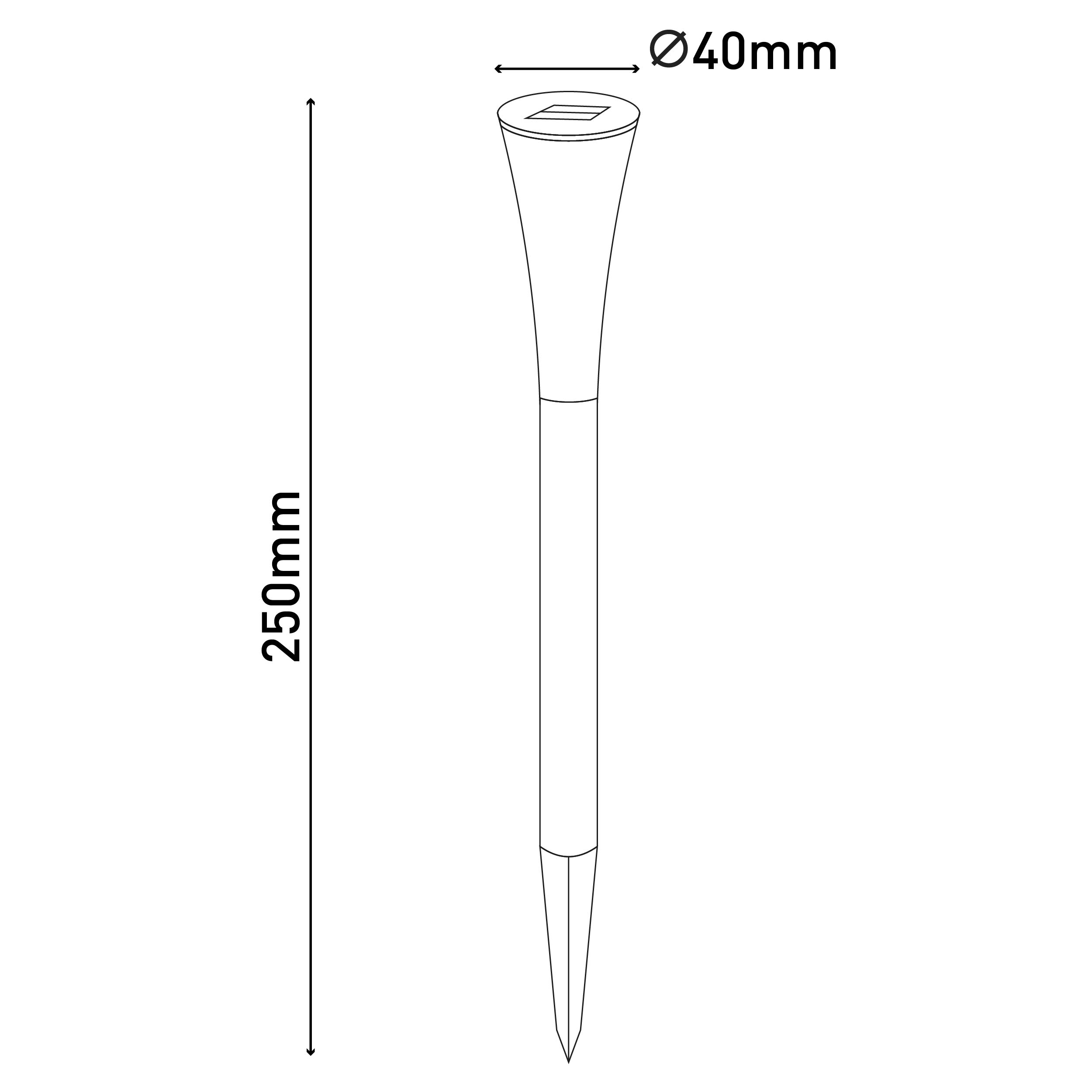 Ein weißes Gartenlicht, 250 mm hoch und 40 mm breit, mit Spitze zum Einstecken.