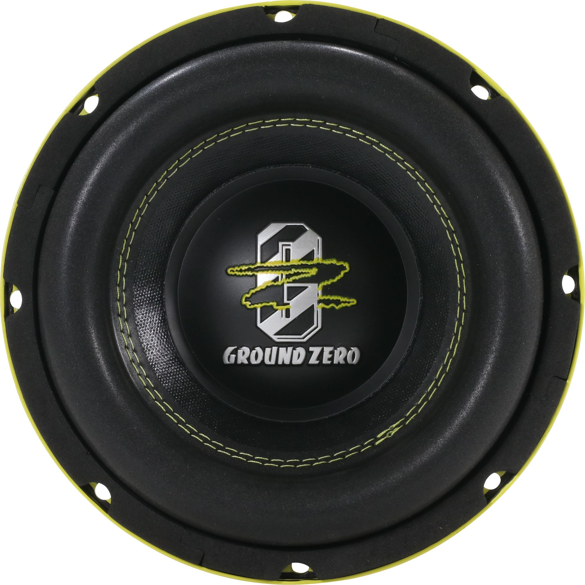 Ein Subwoofer-Lautsprecher mit schwarzer Membran, gelben Nähten und dem 'GROUND ZERO'-Logo.