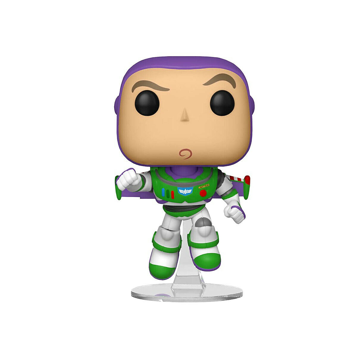 Figura de Buzz Lightyear, en pose en el aire. Fondo blanco.