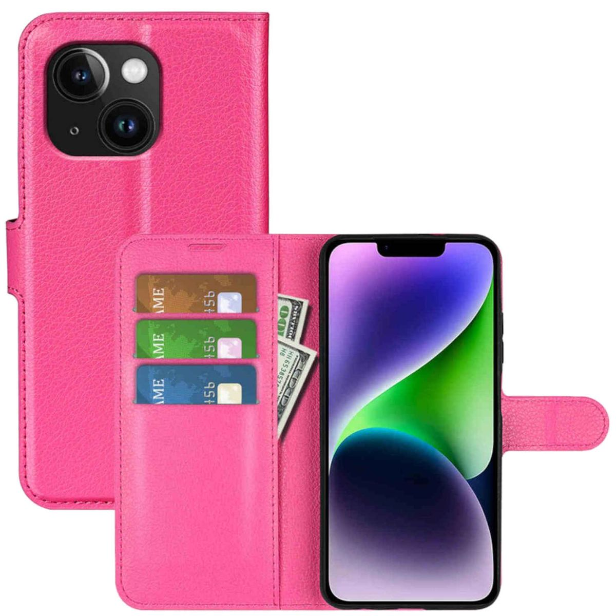 Wallet Tasche Fach, Book Kreditkarten 15, Bookcover, & Apple, iPhone WIGENTO mit Pink Geld