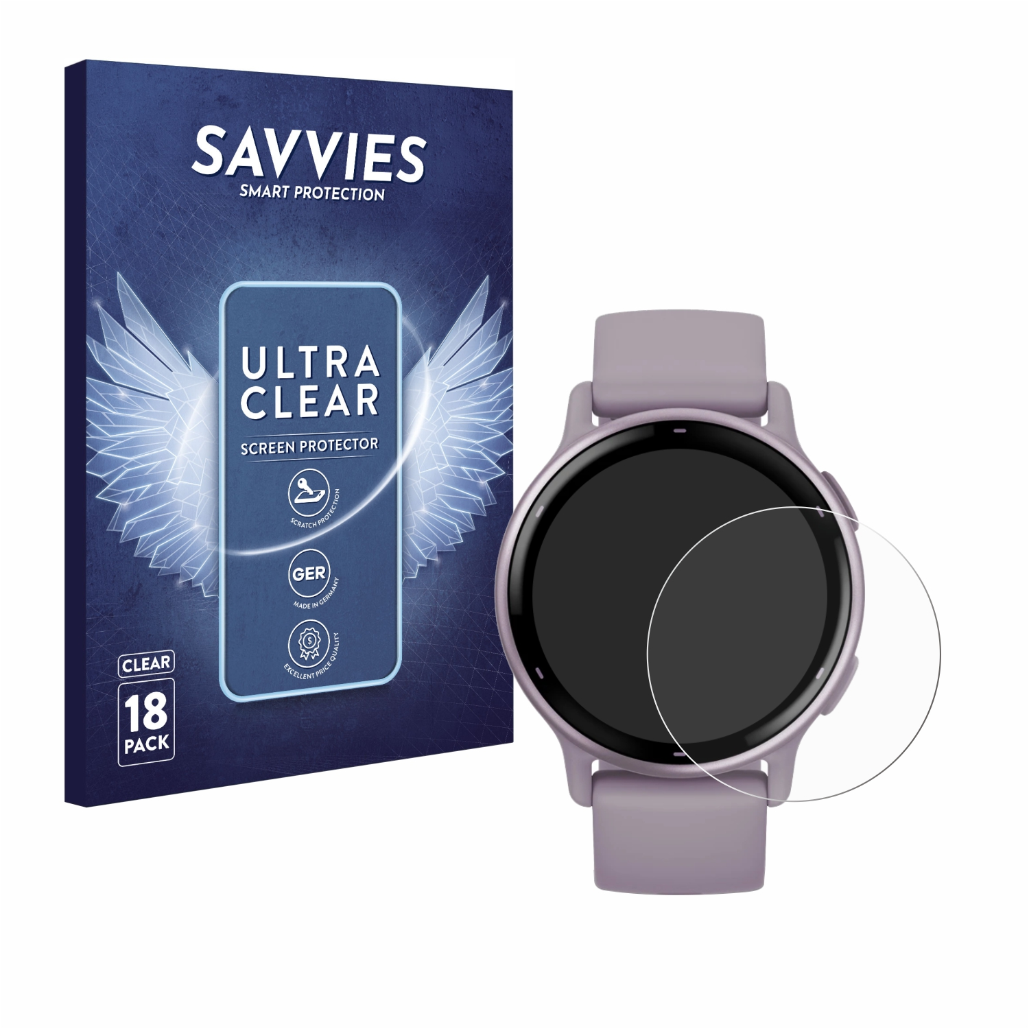 Schachtel mit Displayschutzfolie und Smartwatch mit angebrachter Displayschutzfolie.
