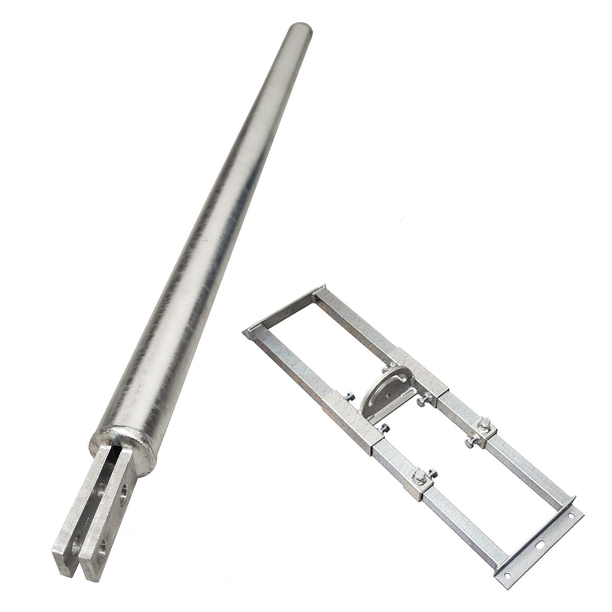 Zwei Metallteile mit einem langen Stab und einem rechteckigen Rahmen auf weißem Grund.