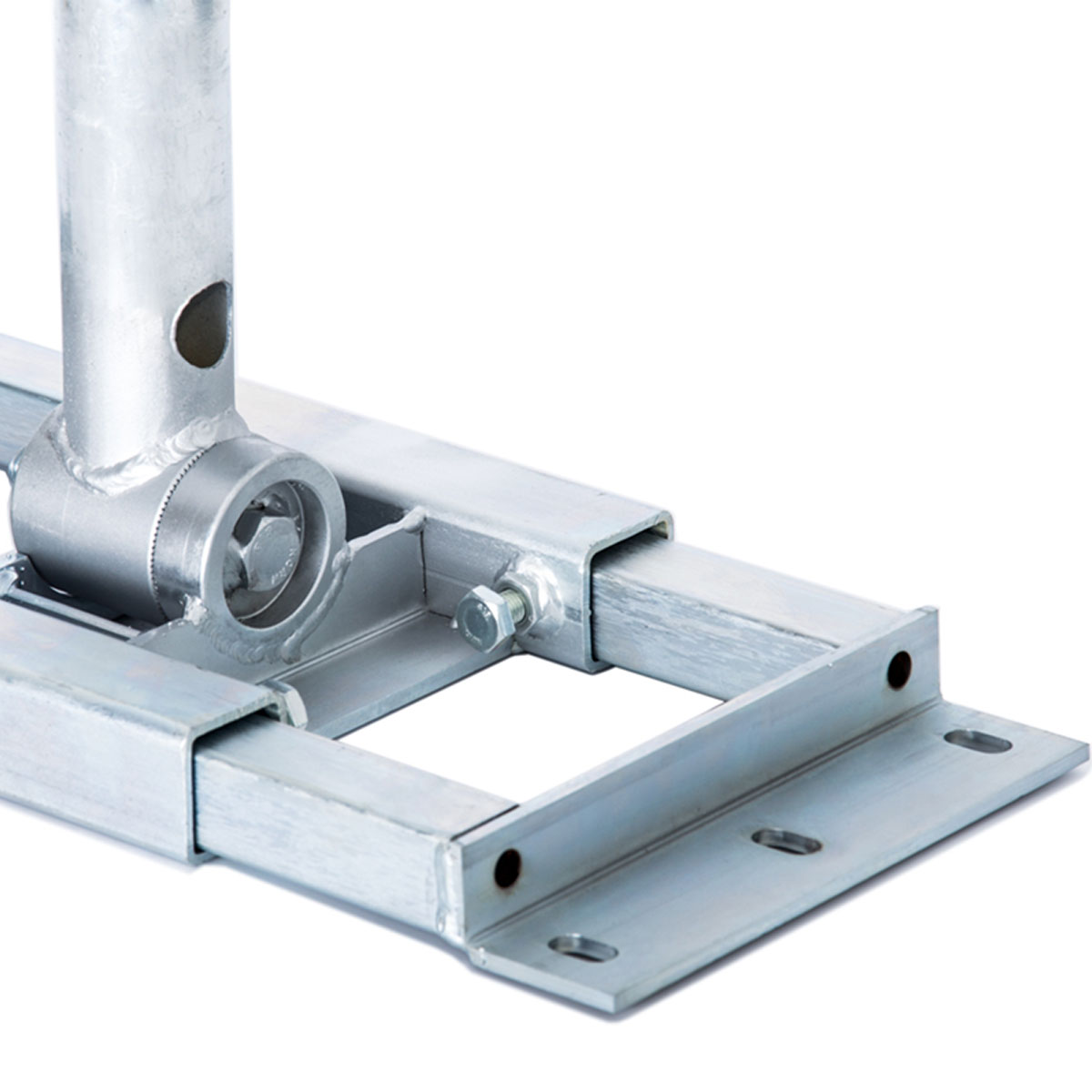 Nahaufnahme eines silbernen Metallrahmens mit einer vertikalen Stange und einer Basis mit Schrauben.