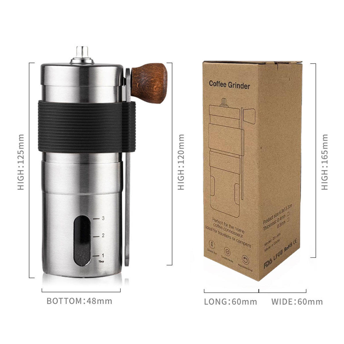 Manuelle Kaffeemühle aus Edelstahl und ihre Verpackung mit Maßangaben.