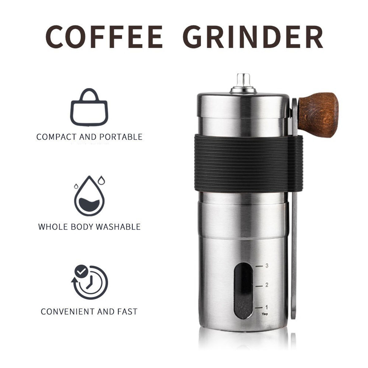 Eine Kaffeemühle aus Edelstahl mit Holzgriff und Text mit Symbolen.