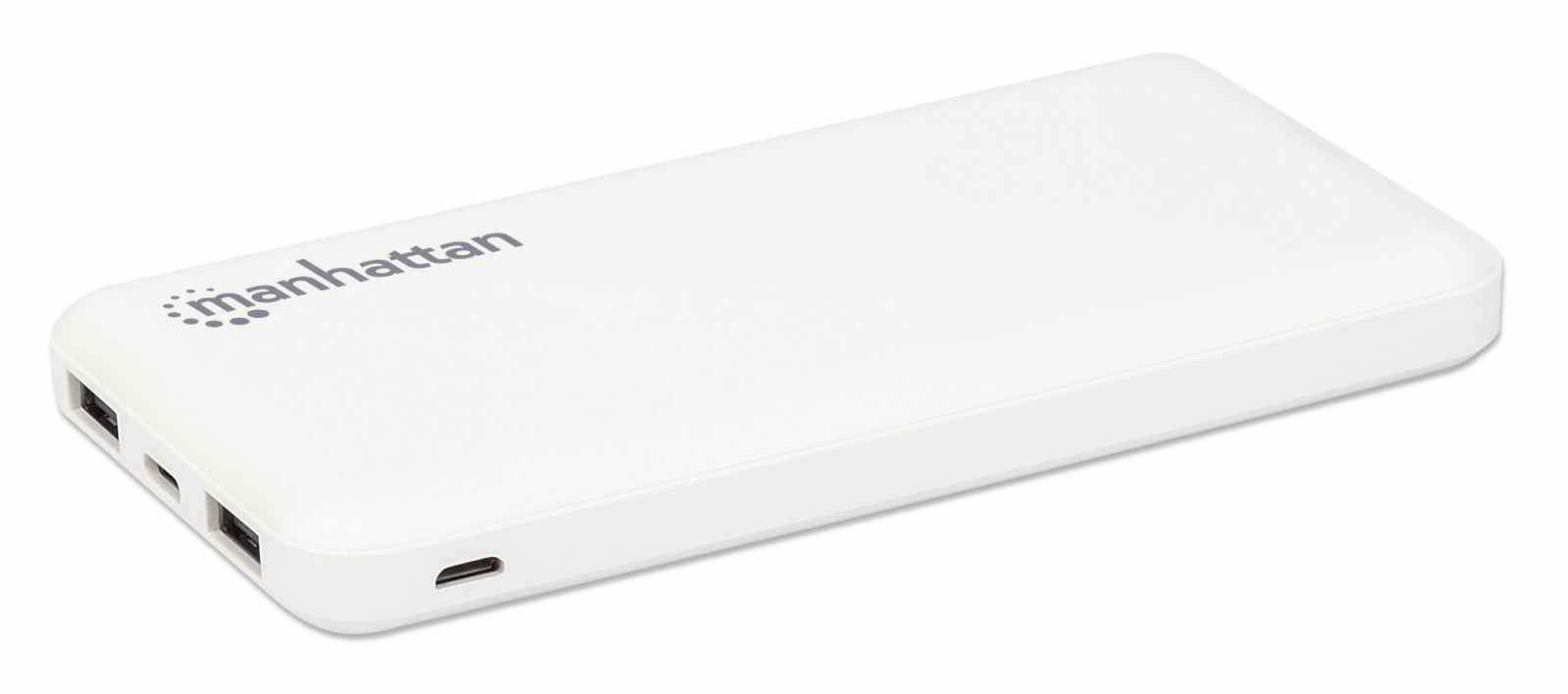 Weiße Manhattan Powerbank. Sie hat Anschlüsse an der Seite und den Markennamen oben.