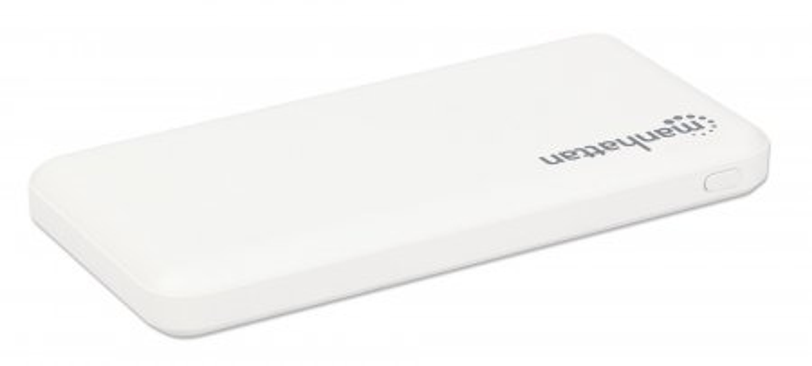 Weißes Powerbank mit der Marke 'manhattan'. Mit einem einzigen Einschaltknopf.