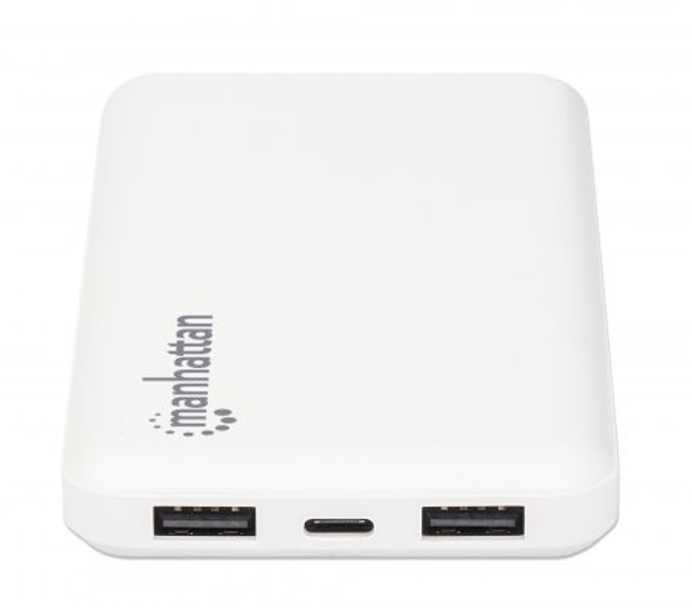 Weiße Powerbank mit Manhattan-Logo und zwei USB-Anschlüssen.