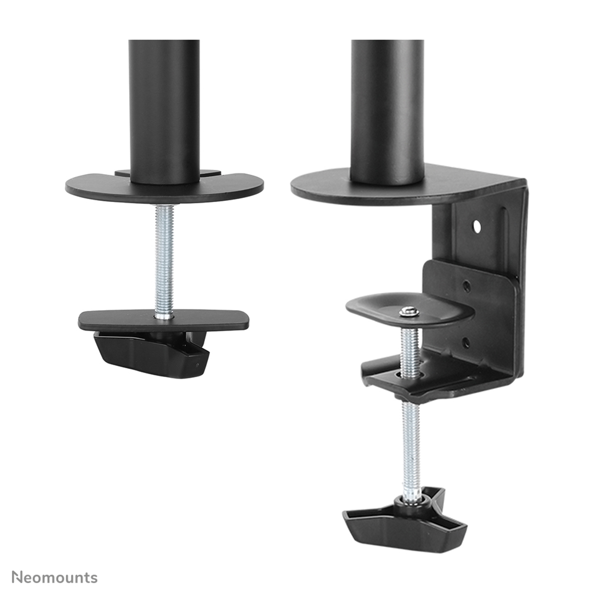 Schwarze Metall-Monitorständer-Komponenten. Enthält Schrauben und runde Platten.