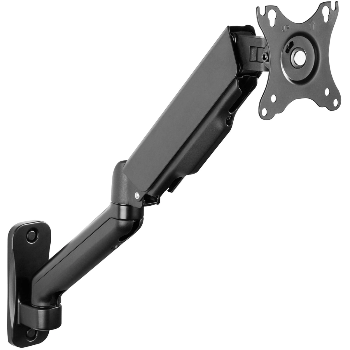 Schwarzer Monitorarm, an einer Wand montiert. Er hat einen verstellbaren Arm und eine VESA-Halterung.