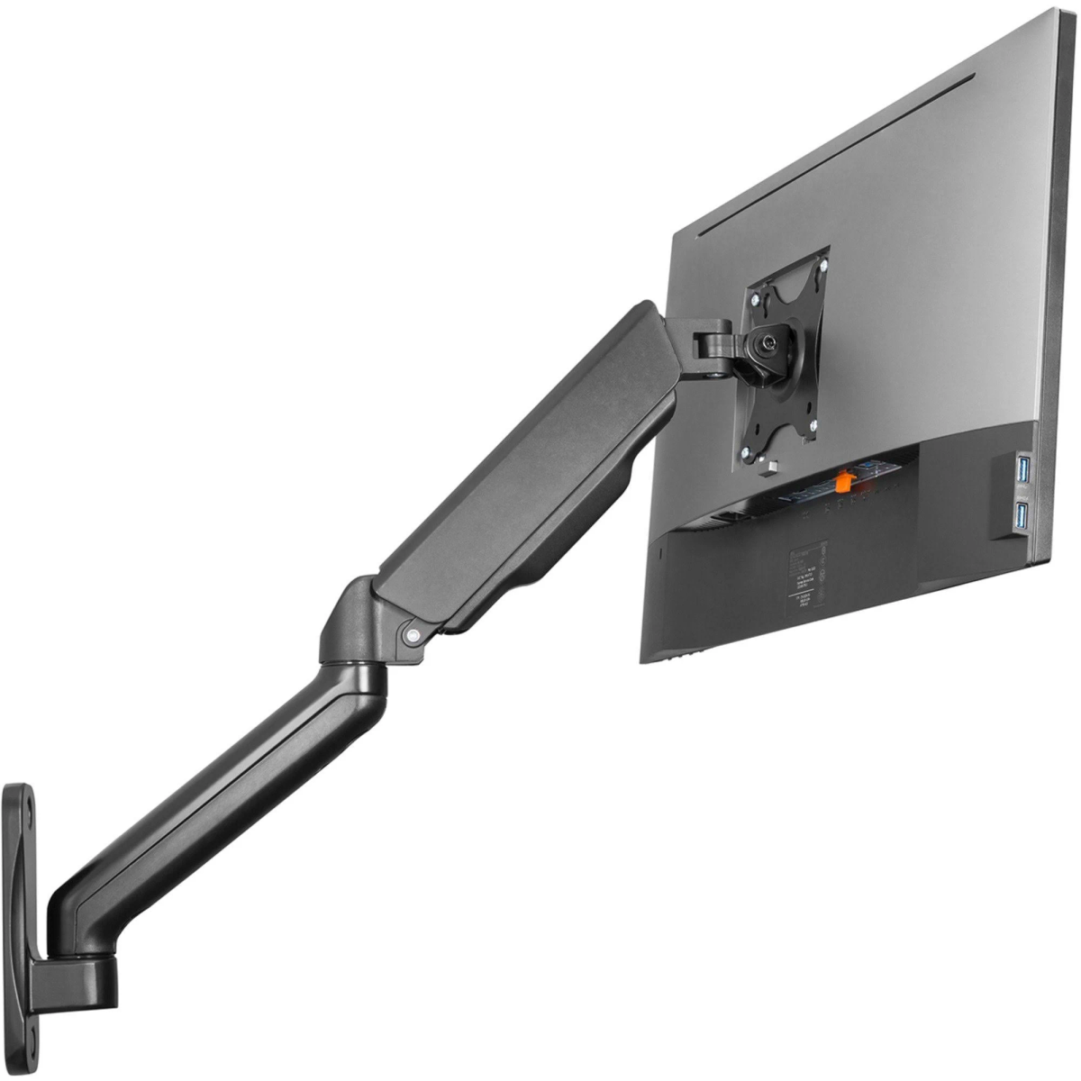 Ein schwarzer Monitorarm, der an einer Wand befestigt ist. Der Monitor ist am Arm montiert.
