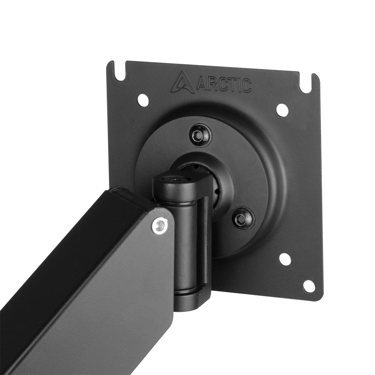 Zwarte metalen monitorbeugel met ARCTIC-logo, op witte achtergrond.