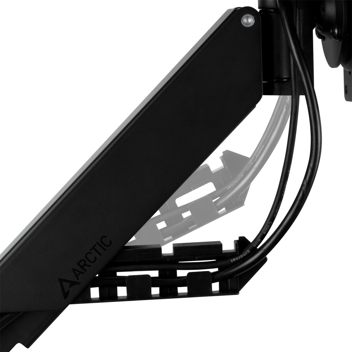 A black monitor arm with cable management and Ethernet cables.