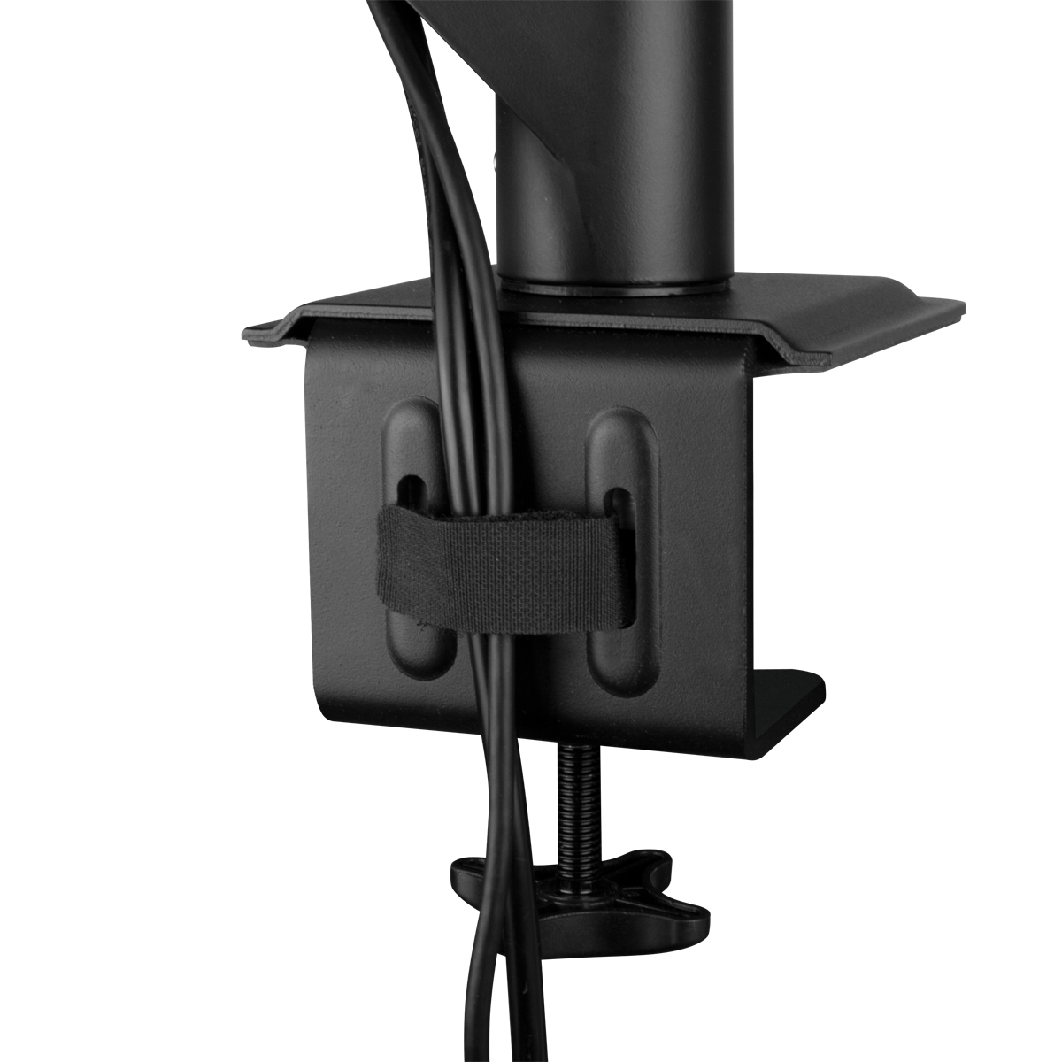 Black cables are held by a velcro strap on a metal clamp mount.