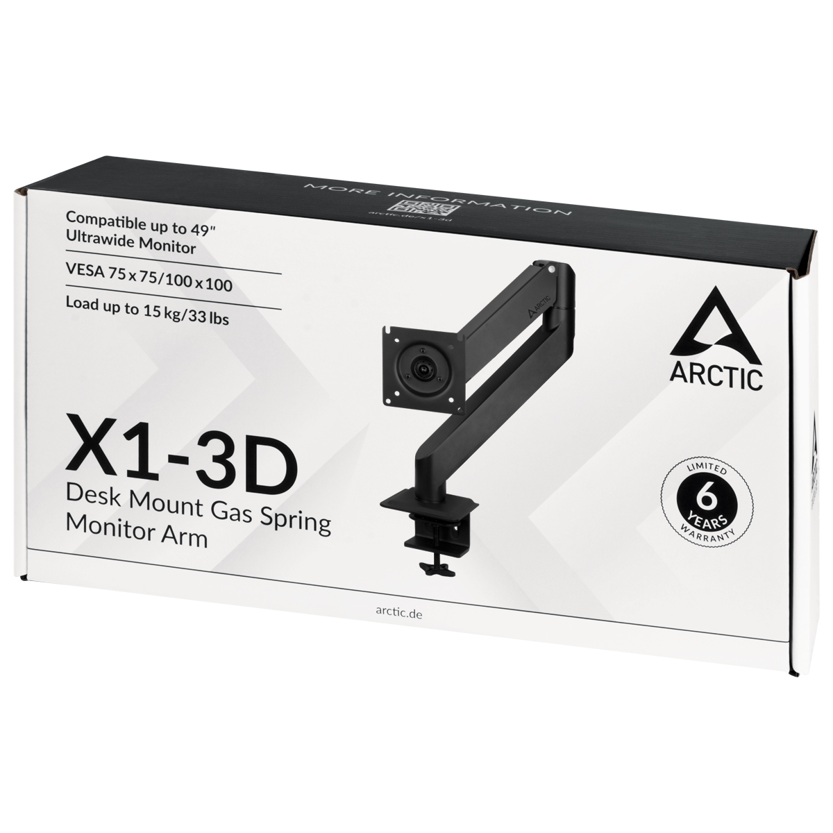 Doos ARCTIC X1-3D monitorarm, compatibel tot 49", 6 jaar garantie.