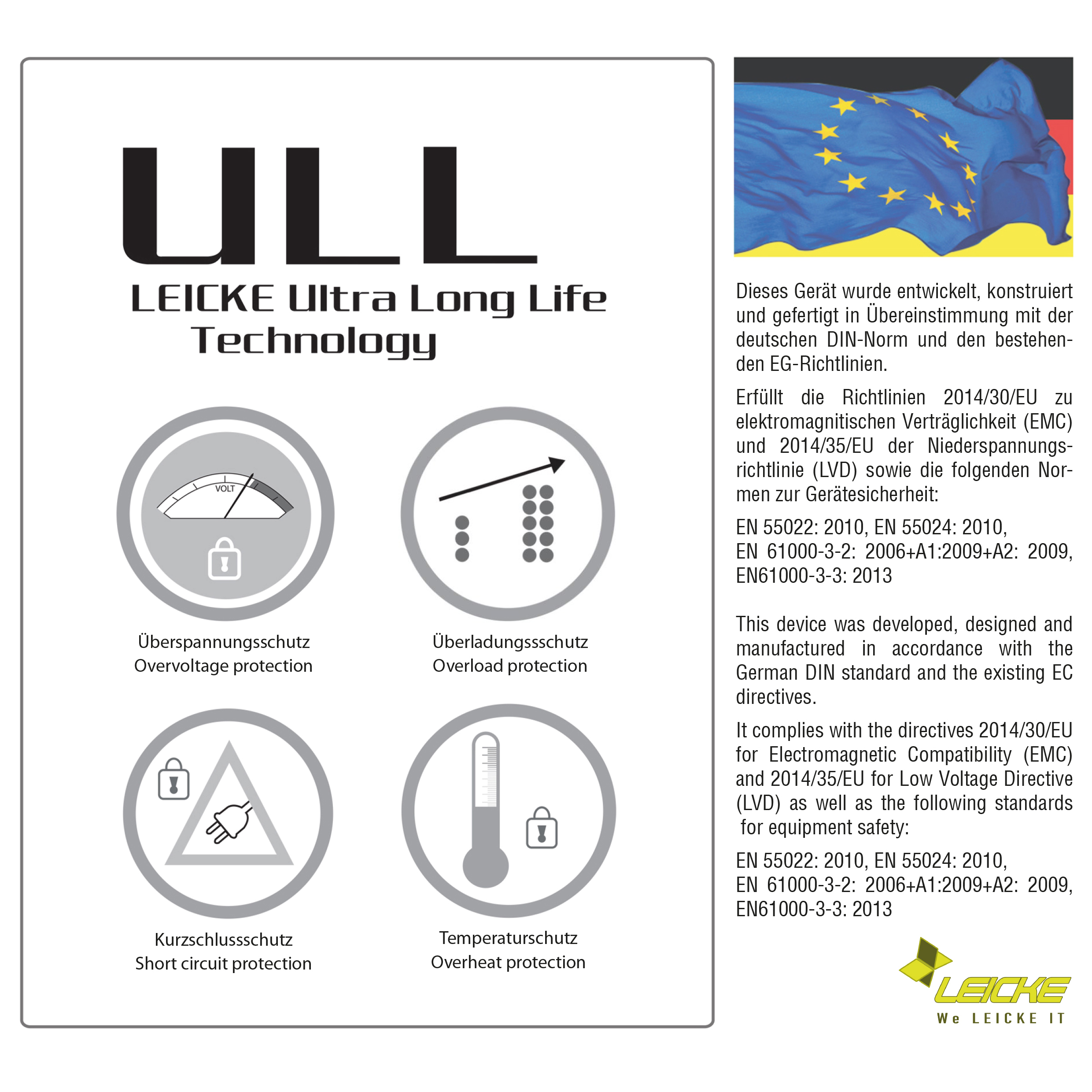 Technische Zeichnung mit Text über ULL-Technologie und Schutzsymbolen.