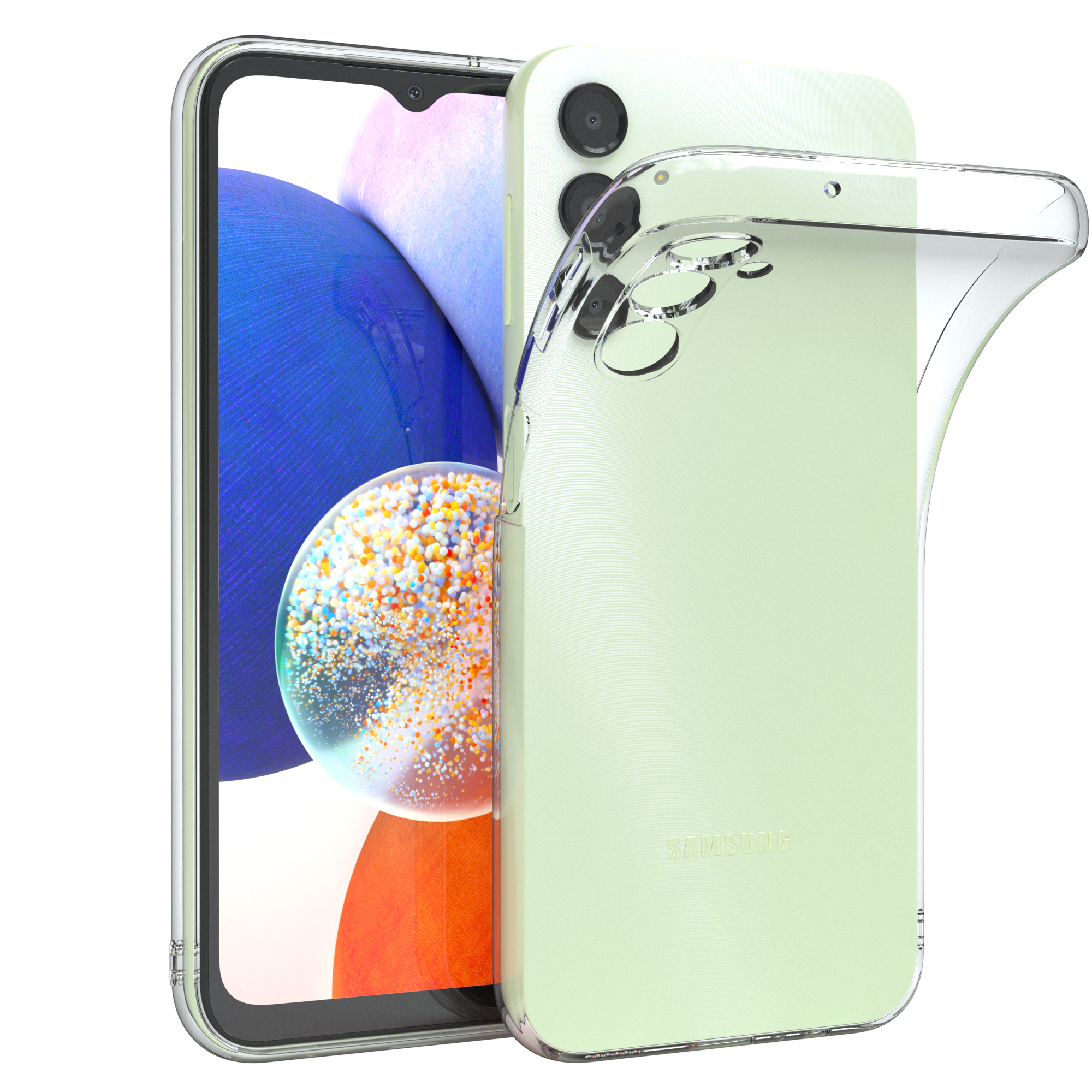 Ein Telefon in einer durchsichtigen Hülle, grünes Telefon. Das Telefon ist grün und die Hülle ist durchsichtig.