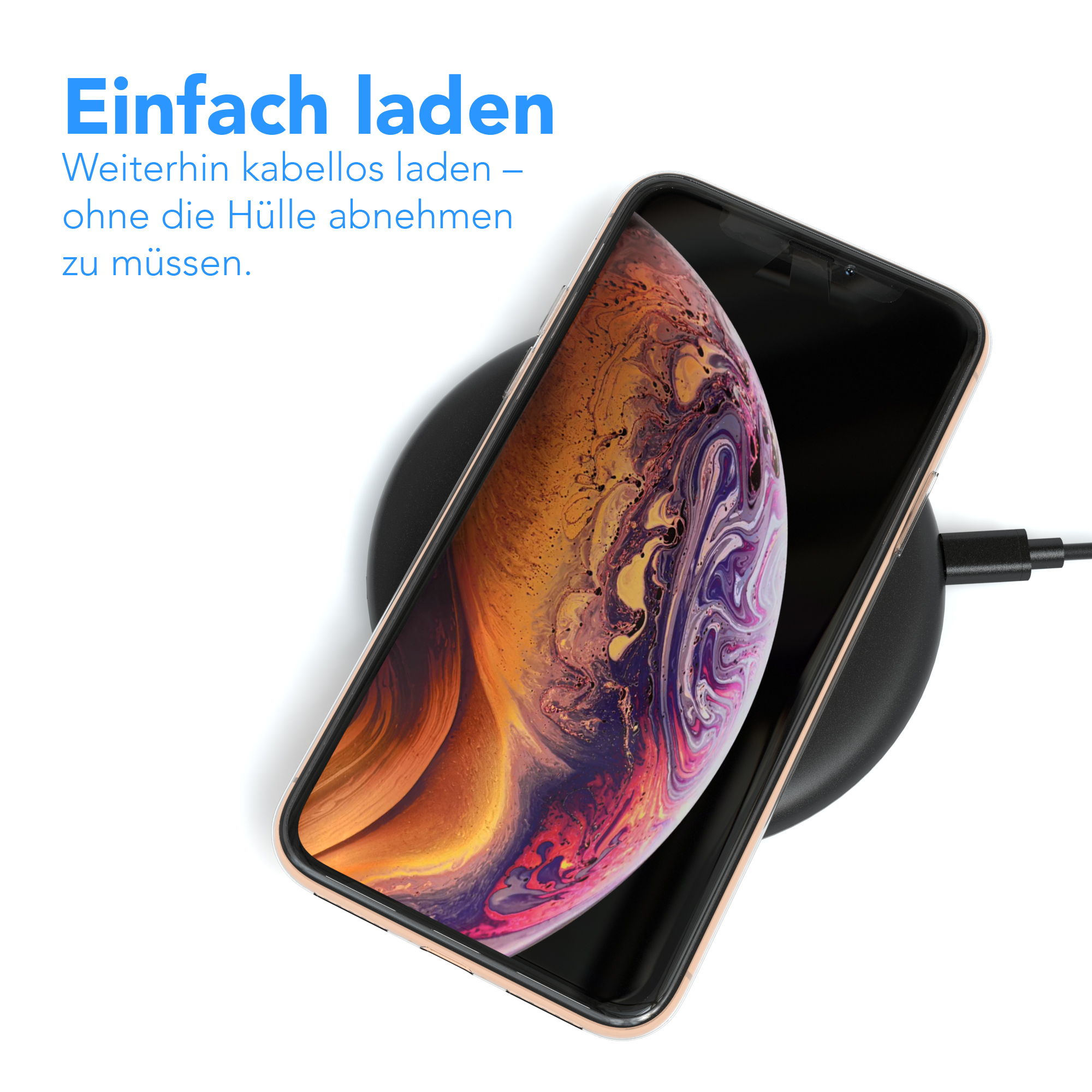 Ein Smartphone auf einem kabellosen Ladegerät. Text: 'Einfach laden'.